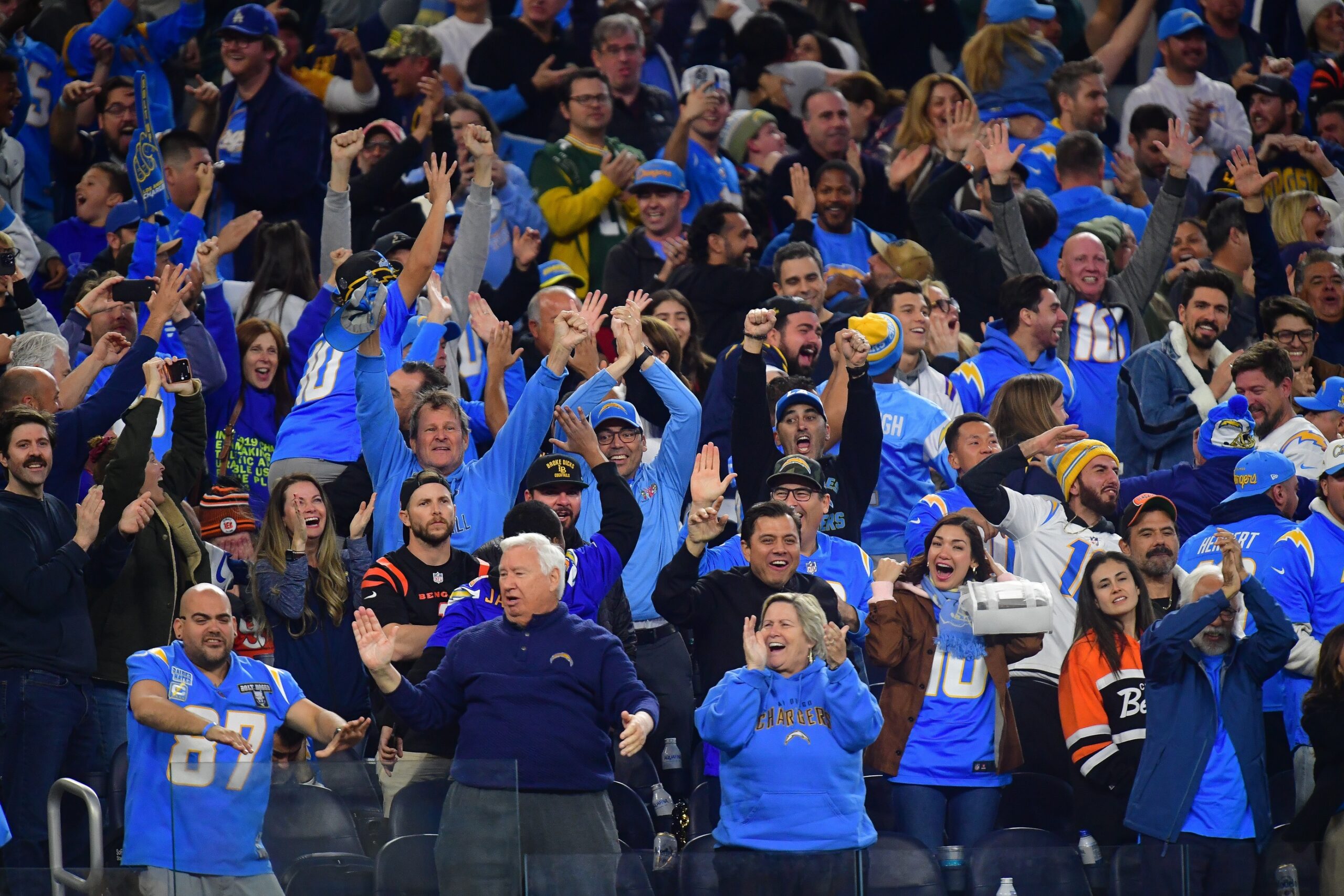 Nov 17, 2024; Inglewood, California, USA; Los Angeles Chargers fans cheer after running back J.K. Dobbins (27) scores a touchdown against the Cincinnati Bengals during the second half at SoFi Stadium. Mandatory Credit: Gary A. Vasquez-Imagn Images