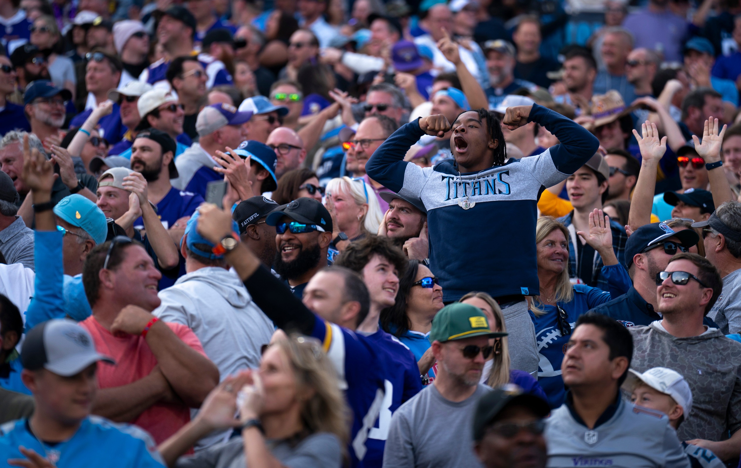 Tennessee Titans fans celebrate after a 98 yard touchdown pass from Tennessee Titans quarterback Will Levis (8) to wide receiver Nick Westbrook-Ikhine (15) against the Minnesota Vikings at Nissan Stadium in Nashville, Tenn., Sunday, Nov. 17, 2024. © Denny Simmons / The Tennessean / USA TODAY NETWORK via Imagn Images NFL