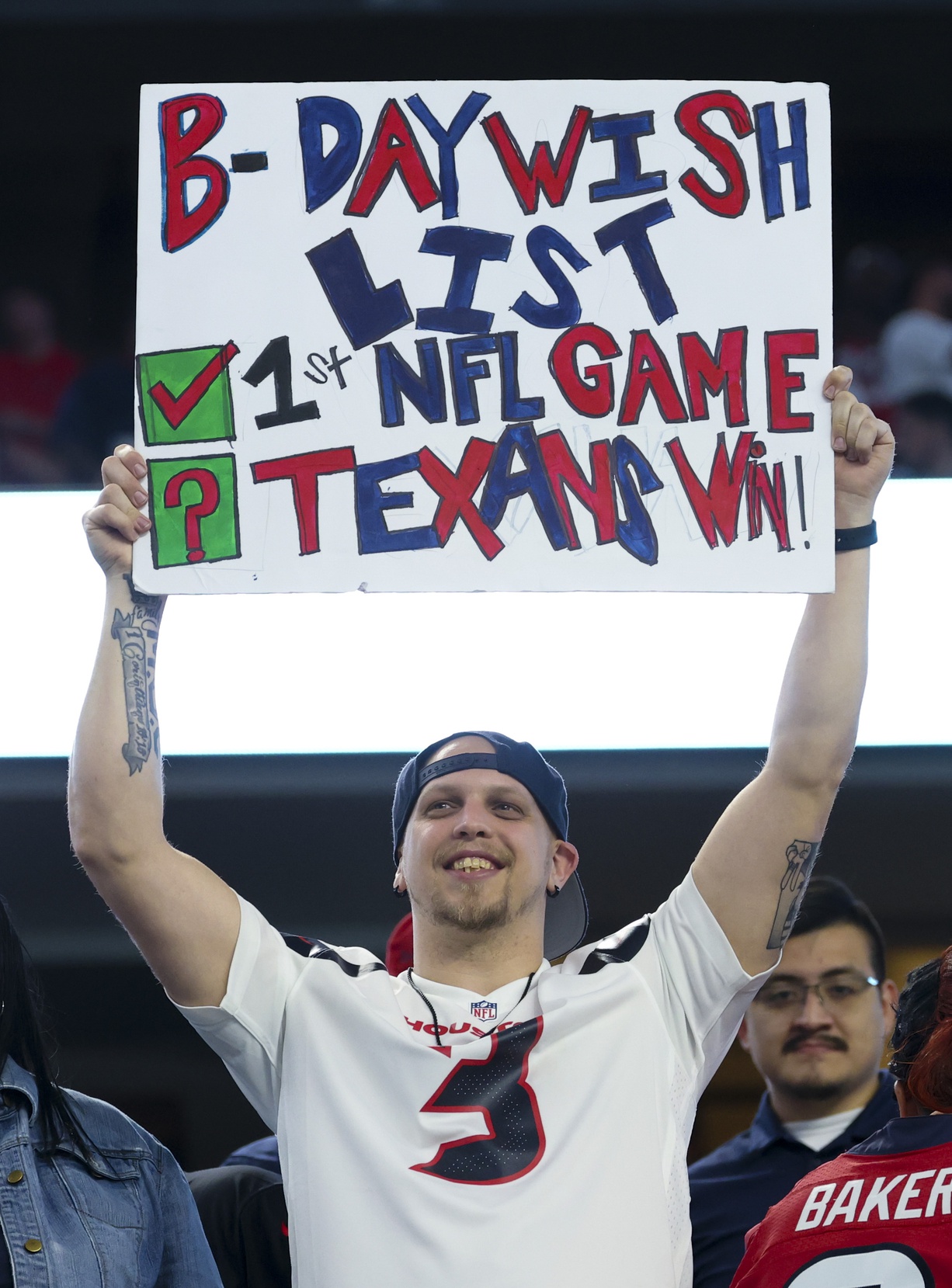 Nov 18, 2024; Arlington, Texas, USA; Houston Texans fan during the second half against the Dallas Cowboys at AT&T Stadium. Mandatory Credit: Kevin Jairaj-Imagn Images