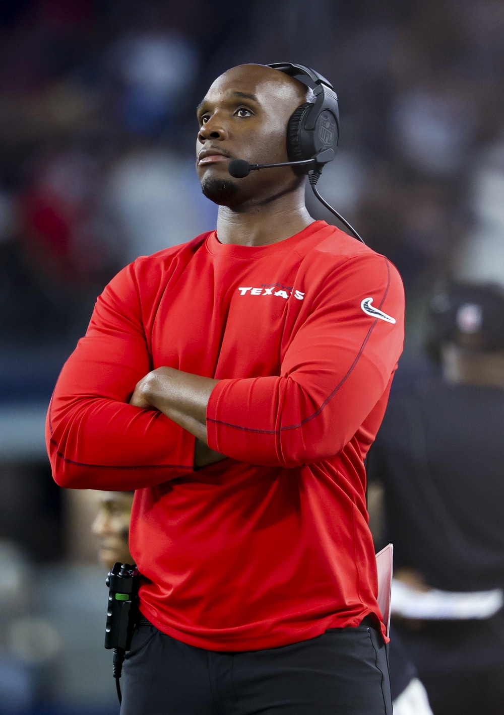 Nov 18, 2024; Arlington, Texas, USA; Houston Texans head coach DeMeco Ryans reacts during the second half against the Dallas Cowboys at AT&T Stadium. Mandatory Credit: Kevin Jairaj-Imagn Images