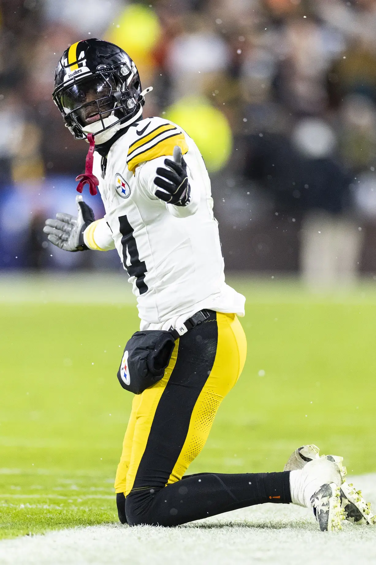 Nov 21, 2024; Cleveland, Ohio, USA; Pittsburgh Steelers wide receiver George Pickens (14) reacts during the second quarter against the Cleveland Browns at Huntington Bank Field Stadium. Mandatory Credit: Scott Galvin-Imagn Images