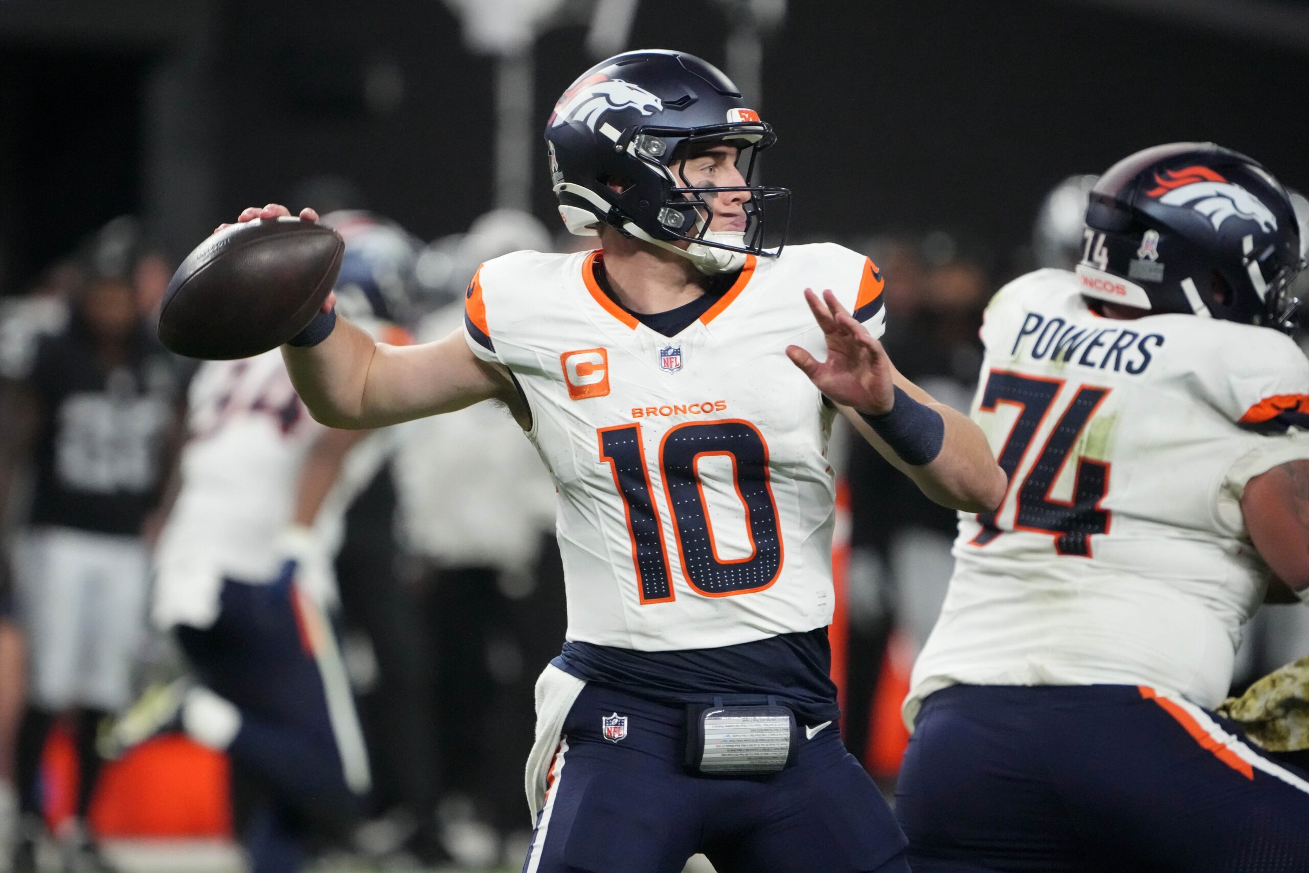 Nov 24, 2024; Paradise, Nevada, USA; Denver Broncos quarterback Bo Nix (10) throws the ball in the fourth quarter against the Las Vegas Raiders at Allegiant Stadium. Mandatory Credit: Kirby Lee-Imagn Images