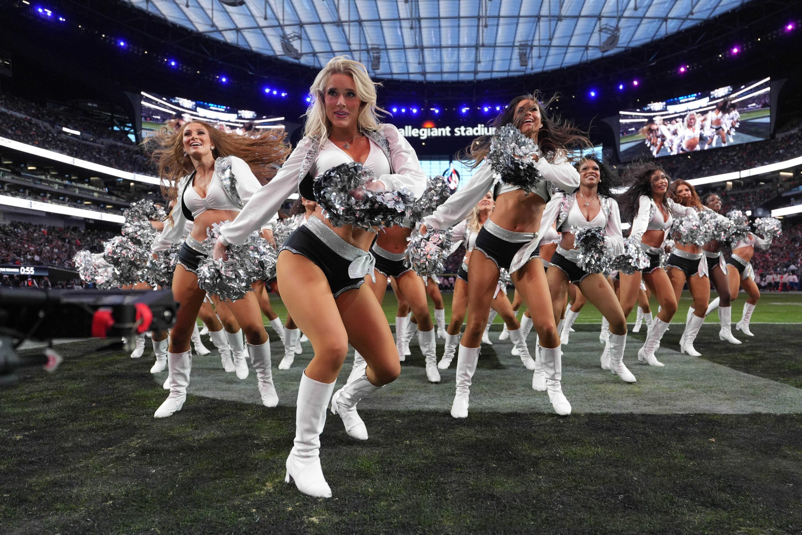 Nov 24, 2024; Paradise, Nevada, USA; Las Vegas Raiders raiderette cheerleaders perform during the game against the Denver Broncos at Allegiant Stadium. Mandatory Credit: Kirby Lee-Imagn Images