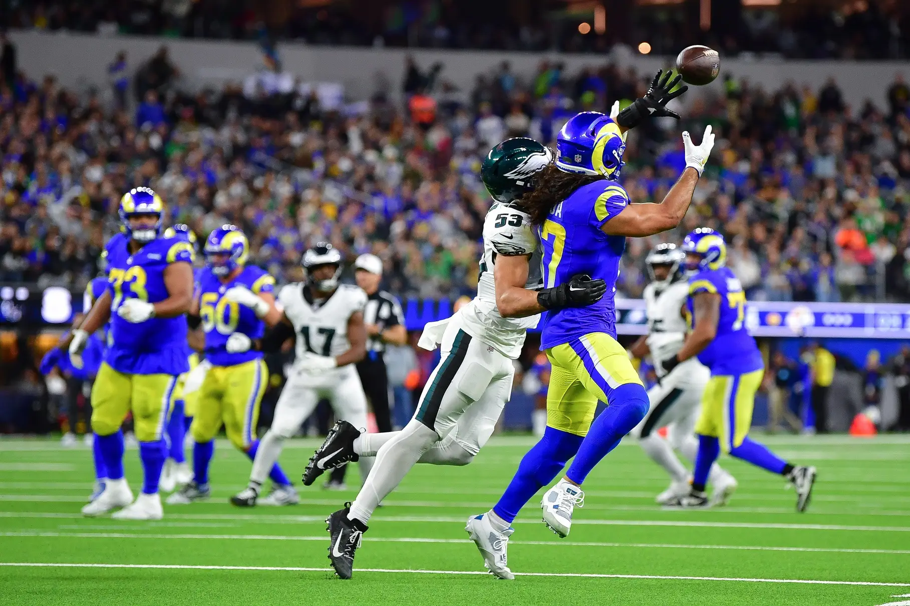 Nov 24, 2024; Inglewood, California, USA; Philadelphia Eagles linebacker Zack Baun (53) breaks up a pass intended for Los Angeles Rams wide receiver Puka Nacua (17) during the second half at SoFi Stadium. Mandatory Credit: Gary A. Vasquez-Imagn Images