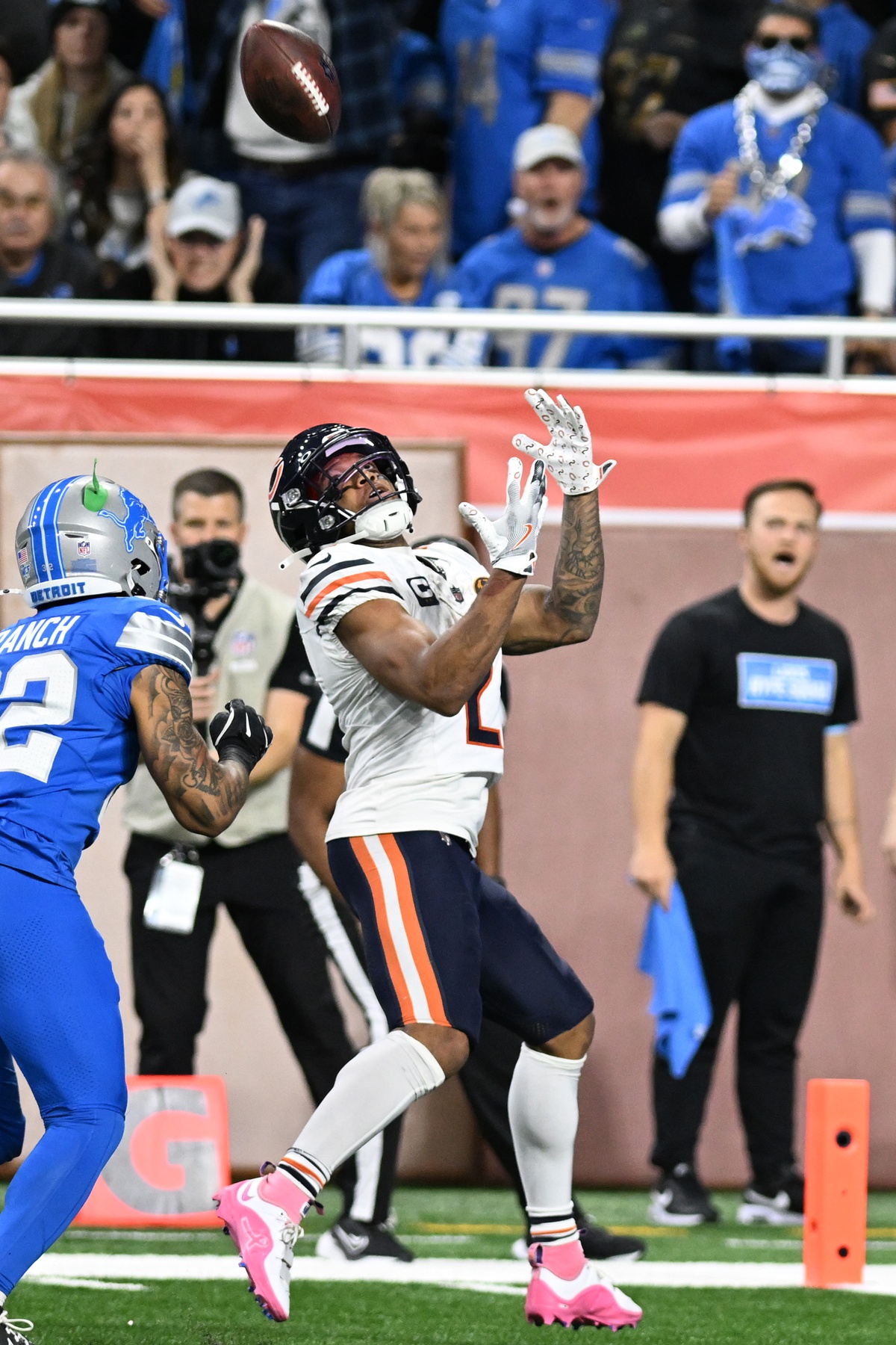 Nov 28, 2024; Detroit, Michigan, USA; Chicago Bears wide receiver DJ Moore (2) catches a touchdown pass over Detroit Lions safety Brian Branch (32) in the fourth quarter at Ford Field. Mandatory Credit: Lon Horwedel-Imagn Images