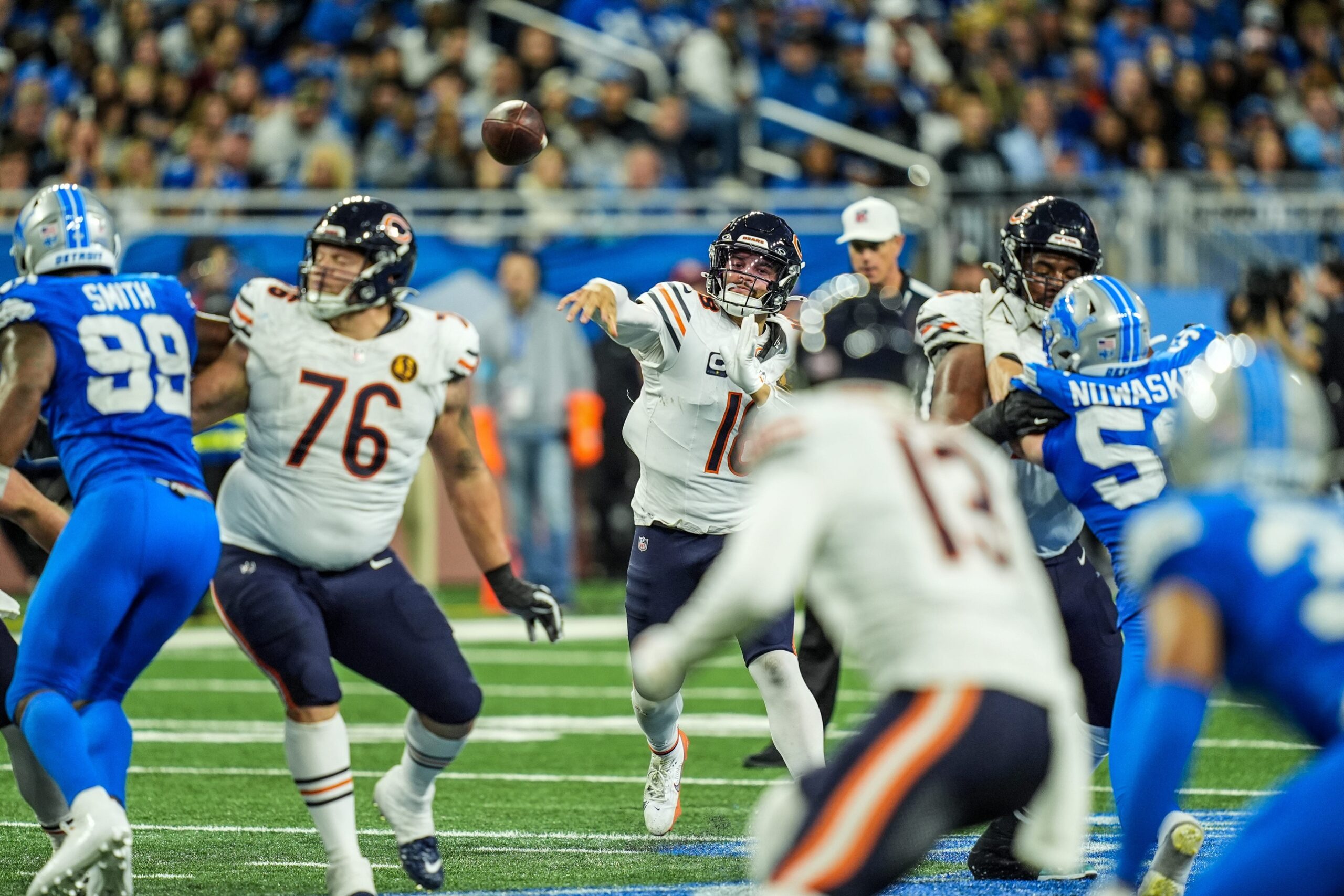 Chicago Bears quarterback Caleb Williams (18) passes the ball against the Detroit Lions on Thanksgiving Day at Ford Field in Detroit on Thursday, Nov. 28, 2024. © Kimberly P. Mitchell / USA TODAY NETWORK via Imagn Images