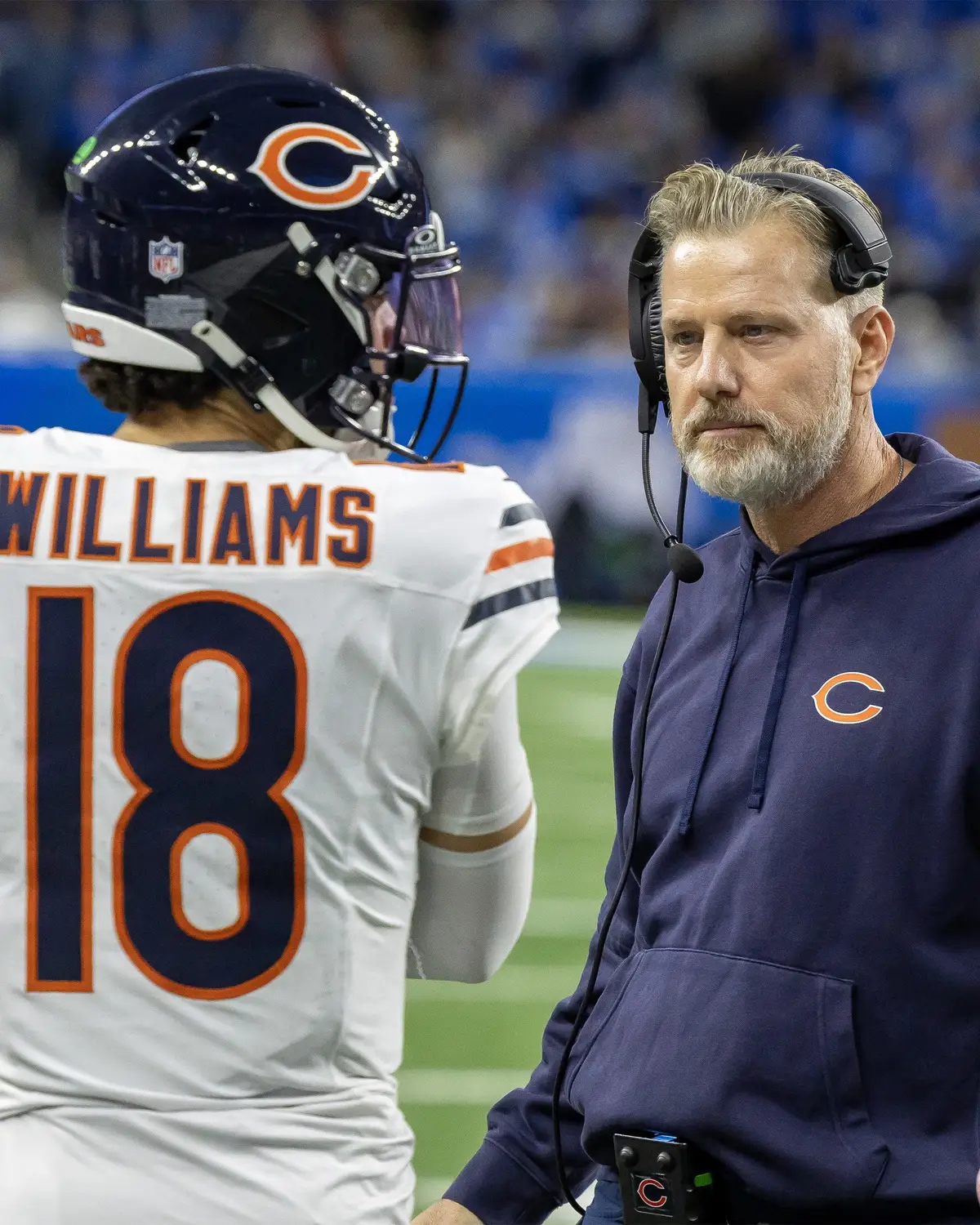 Nov 28, 2024; Detroit, Michigan, USA; Chicago Bears head coach Matt Eberflus talks to quarterback Caleb Williams (18) on the sidelines during the second half against the Detroit Lions at Ford Field. Mandatory Credit: David Reginek-Imagn Images