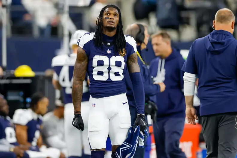 Nov 28, 2024; Arlington, Texas, USA; Dallas Cowboys wide receiver CeeDee Lamb (88) looks up at the scoreboard during the first quarter against the New York Giants at AT&T Stadium. Mandatory Credit: Andrew Dieb-Imagn Images