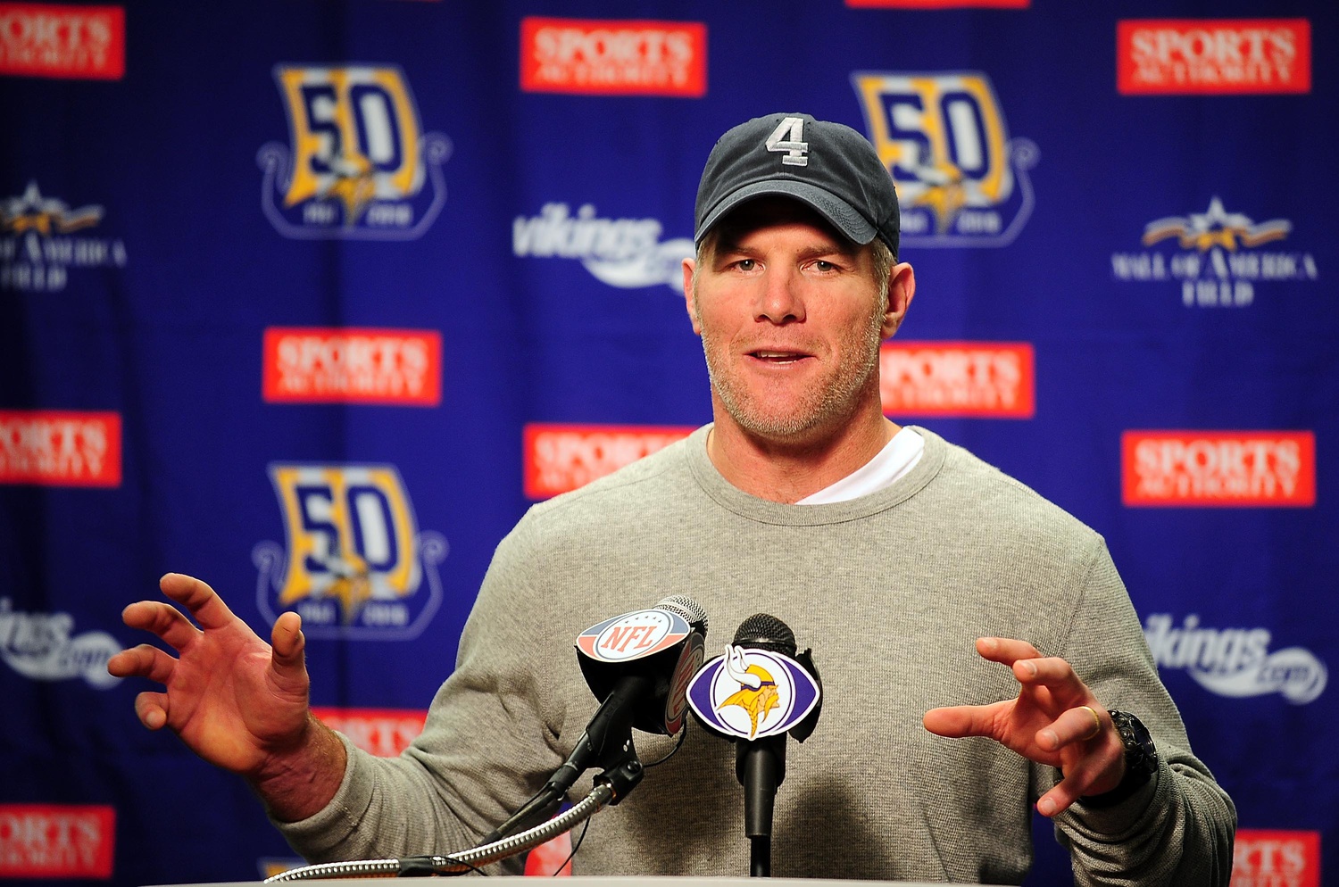 Jan. 2, 2011; Detroit, MI, USA; Minnesota Vikings quarterback Brett Favre (4) talks to the media after being defeated by the Detroit Lions 20-13 at Ford Field. Mandatory Credit: Andrew Weber-Imagn Images (NFL)