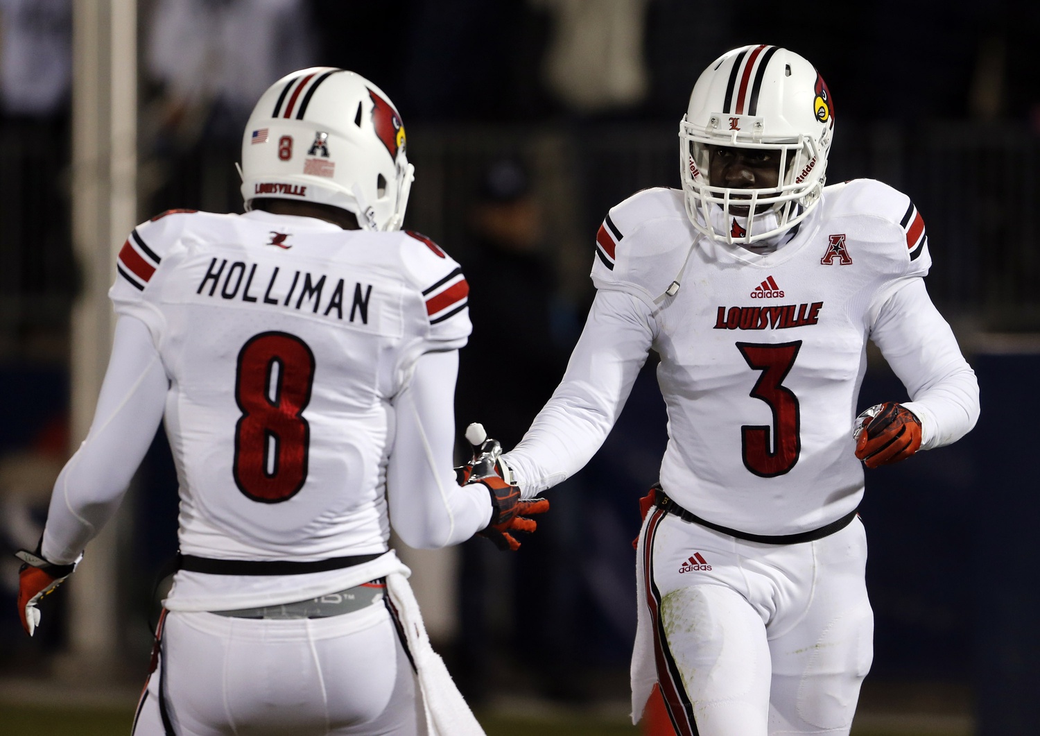 Nov 8, 2013; East Hartford, CT, USA; Louisville Cardinals cornerback Charles Gaines (3) reacts after with teammate safety Gerod Holliman (8) after his touchdown against the Connecticut Huskies in the first quarter at Rentschler Field. Mandatory Credit: David Butler II-Imagn Images (Steelers)