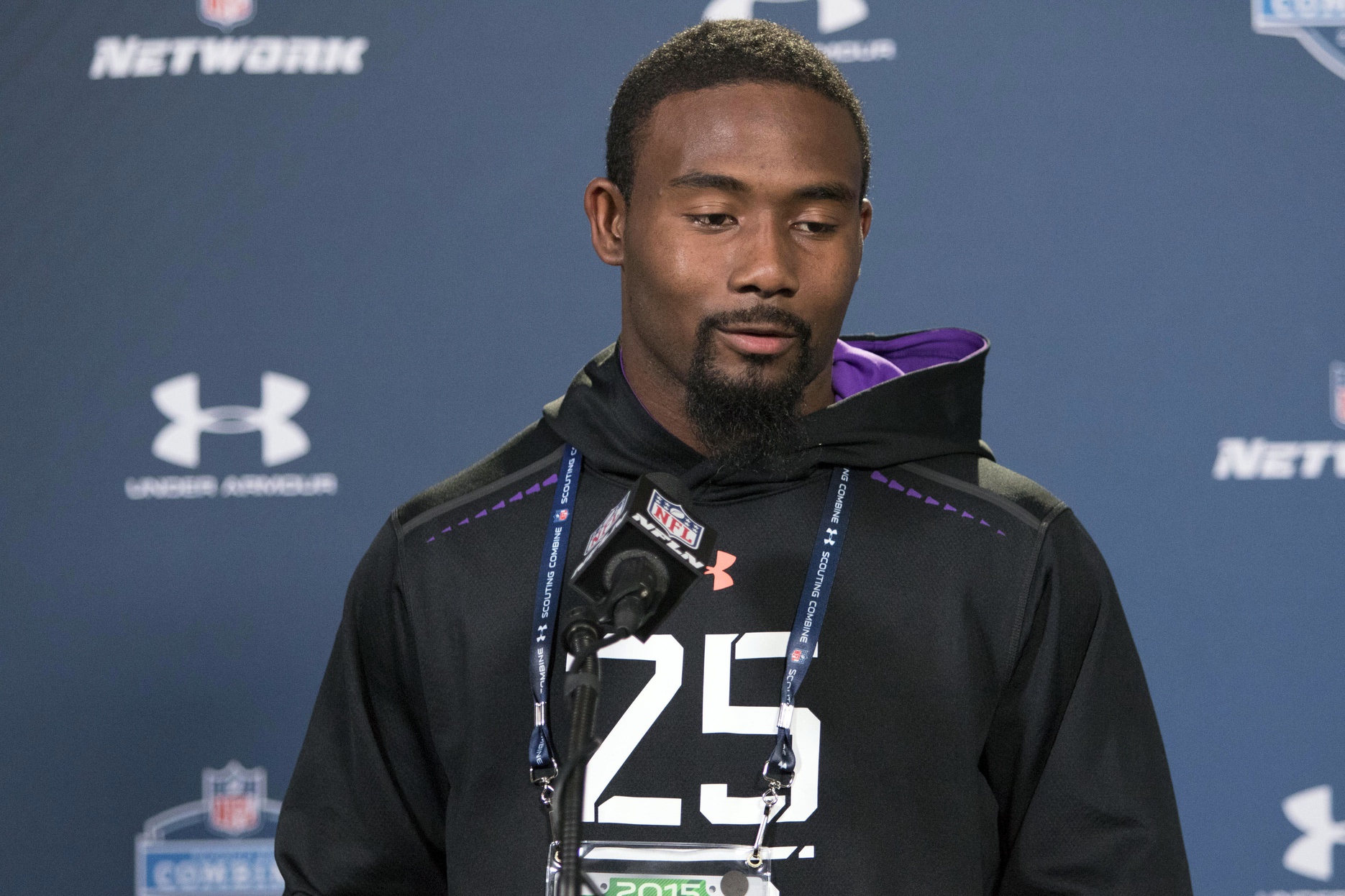 Feb 21, 2015; Indianapolis, IN, USA; Louisville defensive back Gerod Holliman speaks to the media at the 2015 NFL Combine at Lucas Oil Stadium. Mandatory Credit: Trevor Ruszkowski-Imagn Images (Steelers)