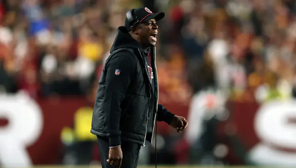 LANDOVER, MARYLAND - DECEMBER 29: Head coach Raheem Morris of the Atlanta Falcons calls out instructions in the fourth quarter against the Washington Commanders at Northwest Stadium on December 29, 2024 in Landover, Maryland. (Photo by Scott Taetsch/Getty Images)