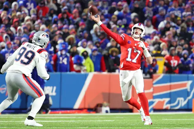 ORCHARD PARK, NEW YORK - DECEMBER 22: Josh Allen #17 of the Buffalo Bills throws a pass against the New England Patriots during the second quarter at Highmark Stadium on December 22, 2024 in Orchard Park, New York. (Photo by Timothy T Ludwig/Getty Images)