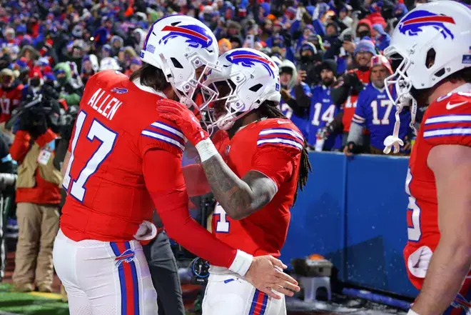 ORCHARD PARK, NEW YORK - DECEMBER 22: James Cook #4 of the Buffalo Bills celebrates after scoring a touchdown with teammate Josh Allen #17 during the third quarter against the New England Patriots at Highmark Stadium on December 22, 2024 in Orchard Park, New York. (Photo by Timothy T Ludwig/Getty Images)