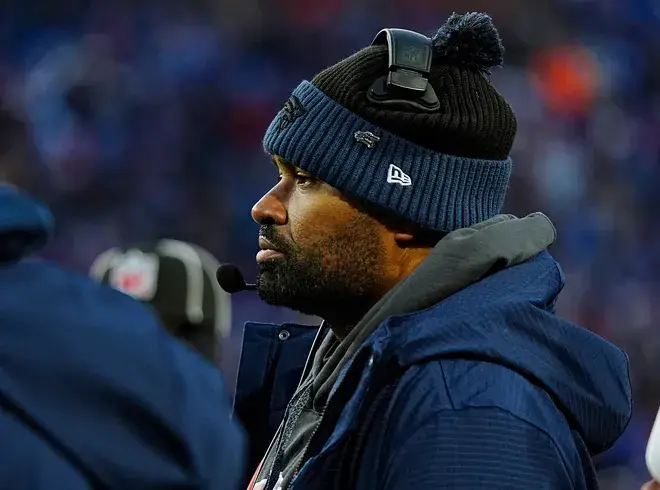 New England Patriots head coach Jerod Mayo watches his team during first half action at Highmark Stadium where the Buffalo Bills hosted the New England Patriots in Orchard Park on Dec. 22, 2024. Tina MacIntyre-Yee/Democrat And Chronicle