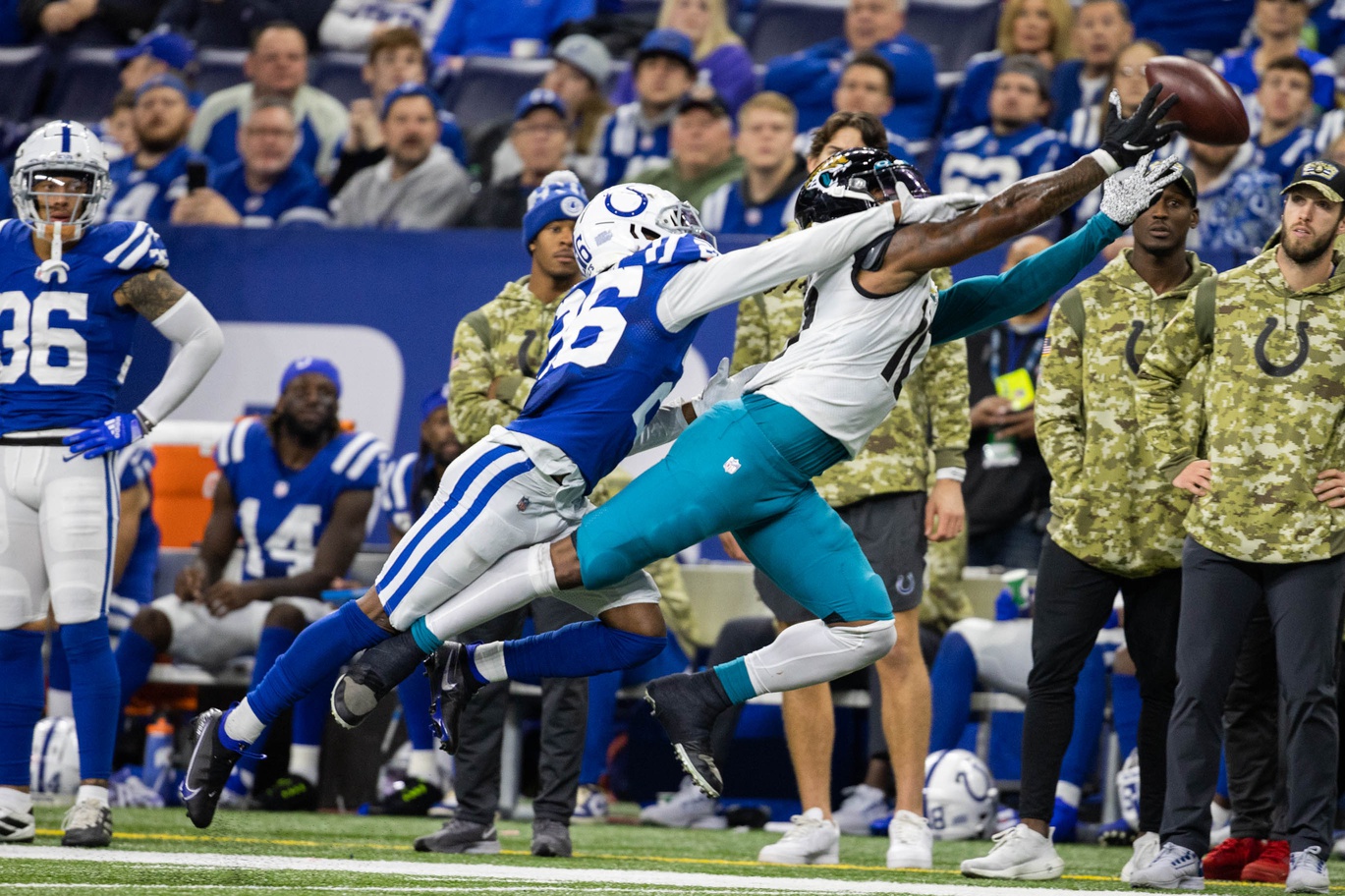 Nov 14, 2021; Indianapolis, Indiana, USA; Jacksonville Jaguars wide receiver Laviska Shenault Jr. (10) dives for the ball while Indianapolis Colts defensive back Josh Jones (36) defends in the second half at Lucas Oil Stadium. Mandatory Credit: Trevor Ruszkowski-Imagn Images