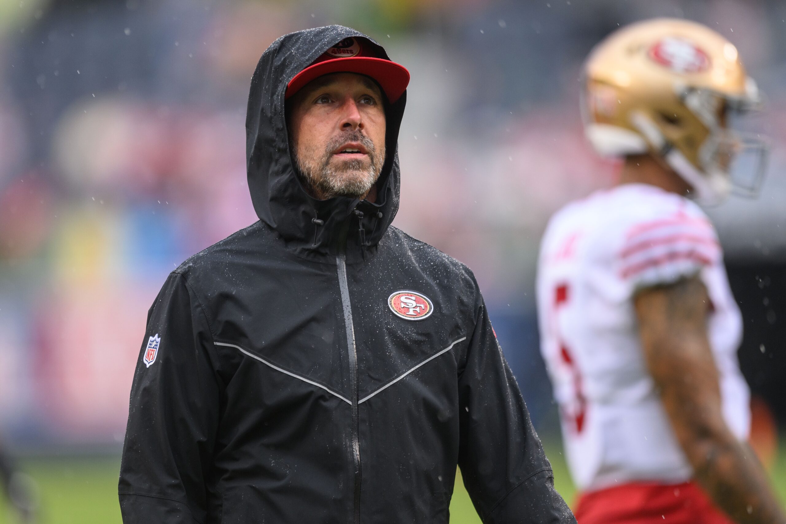 Sep 11, 2022; Chicago, Illinois, USA; San Francisco 49ers head coach Kyle Shanahan looks on before the game against the Chicago Bears at Soldier Field. Mandatory Credit: Daniel Bartel-Imagn Images