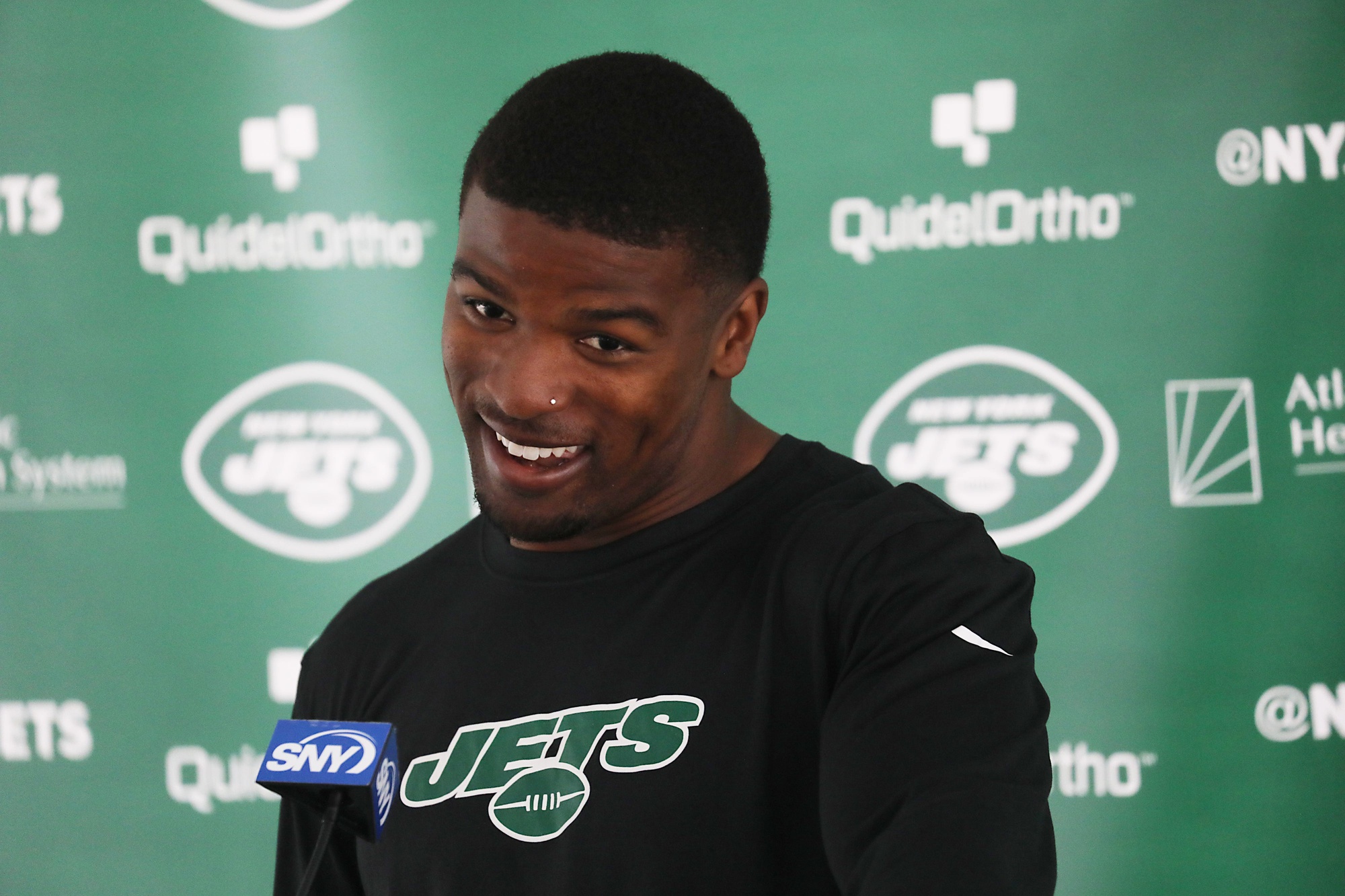 Florham Park, NJ July 19, 2023 -- Cornerback, DJ Reed being interviewed as players arrived today to participate in the NY Jets 2023 Training Camp at their practice facility in Florham Park, NJ. © Chris Pedota, NorthJersey.com / USA TODAY NETWORK