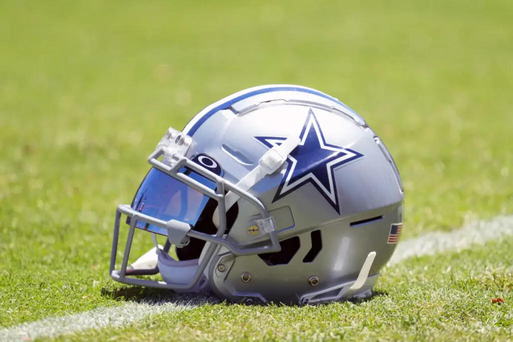 Jul 27, 2023; Oxnard, CA, USA; A Dallas Cowboys helmet with Oakley visor at training camp at Marriott Residence Inn-River Ridge Playing Fields. Mandatory Credit: Kirby Lee-Imagn Images