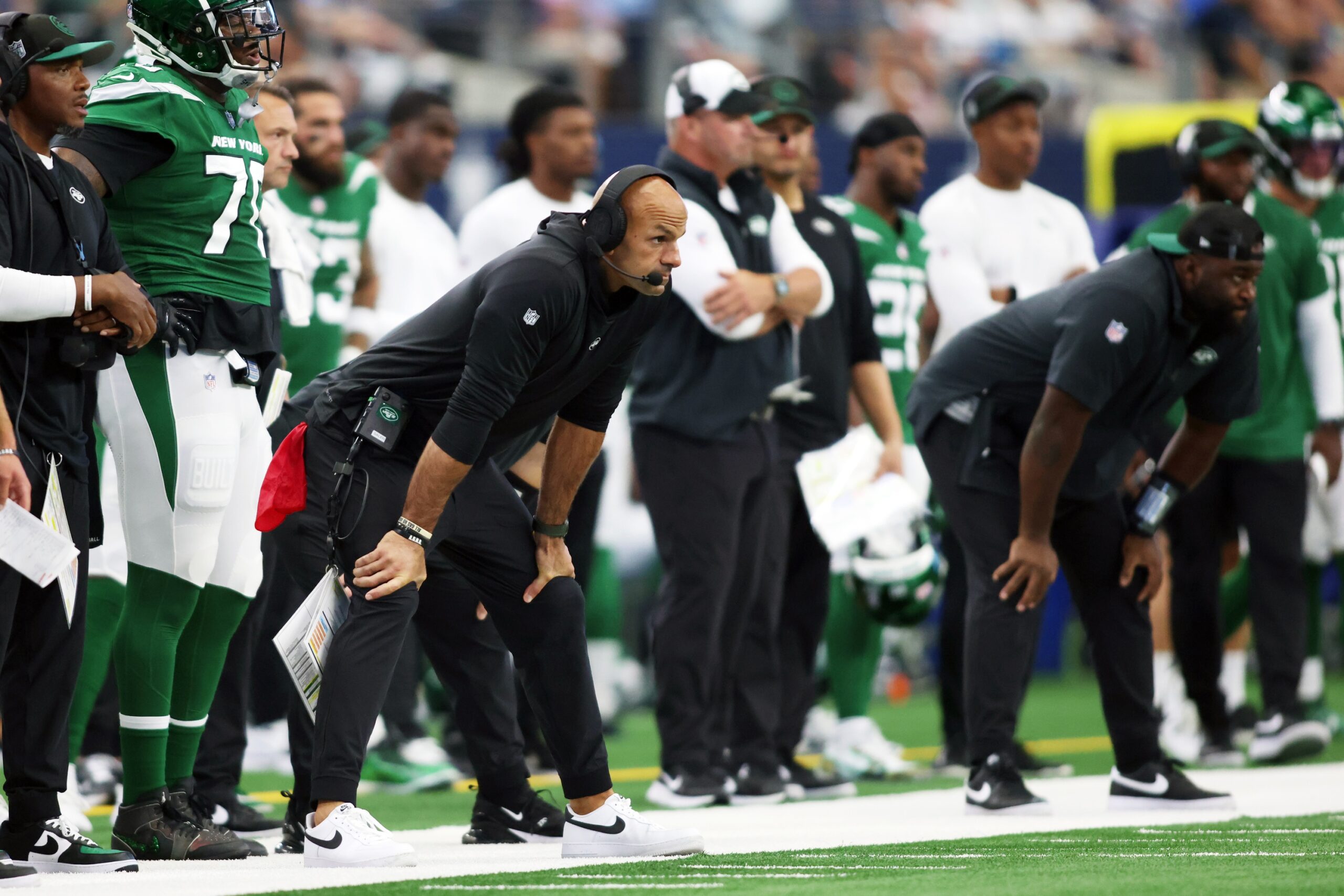 Sep 17, 2023; Arlington, Texas, USA; New York Jets head coach Robert Saleh watches the play in the second quarter against the Dallas Cowboys at AT&T Stadium. Mandatory Credit: Tim Heitman-USA TODAY Sports