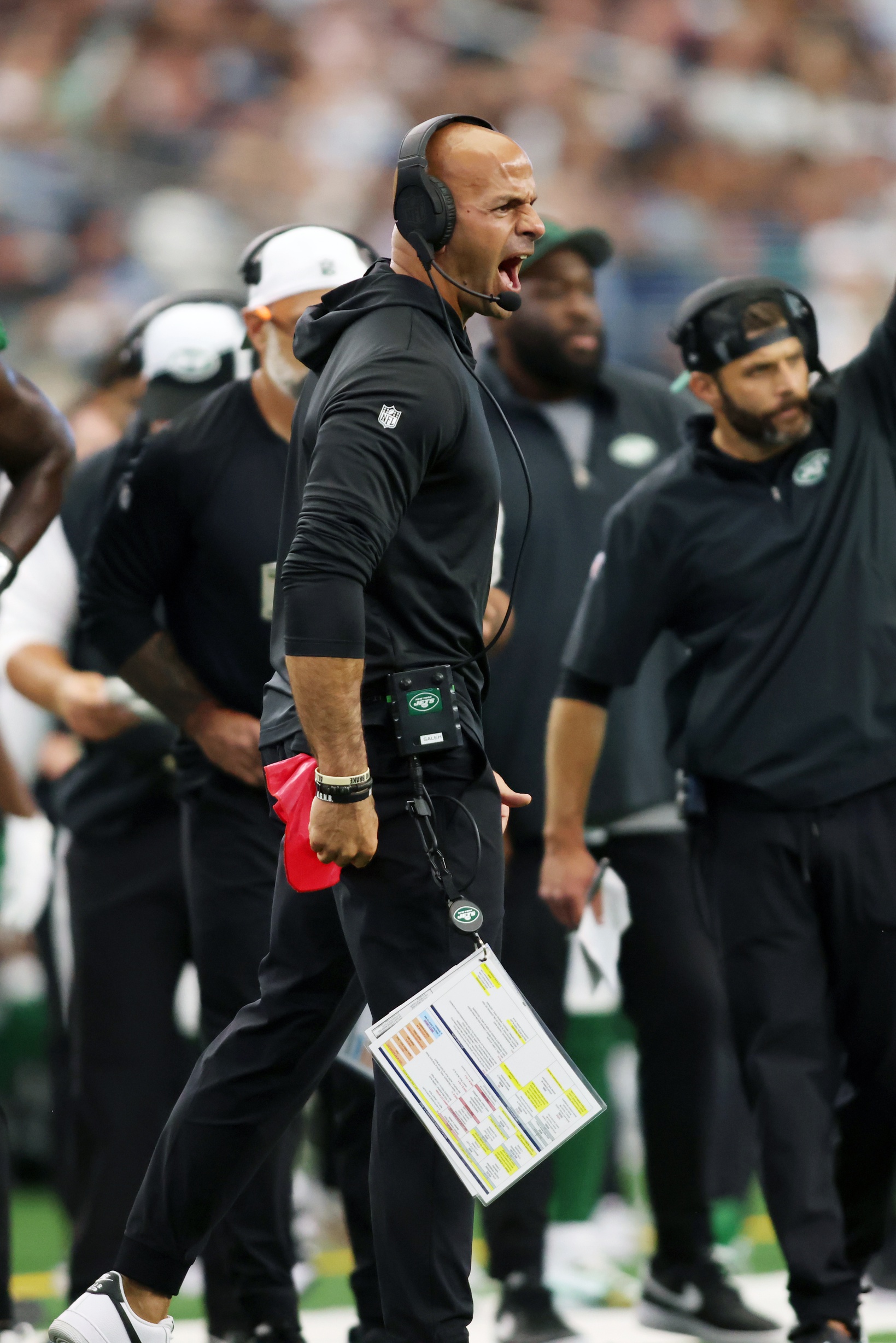 Sep 17, 2023; Arlington, Texas, USA; New York Jets head coach Robert Saleh reacts to a penalty in the second quarter against the Dallas Cowboys at AT&T Stadium. Mandatory Credit: Tim Heitman-Imagn Images