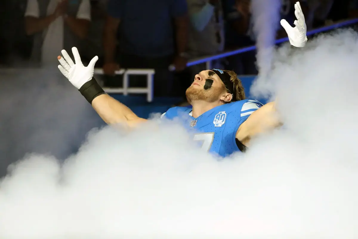 Detroit Lions defensive end Aidan Hutchinson is introduced out of the tunnel before the game against the Atlanta Falcons at Ford Field, Sunday, Sept. 24, 2023. © Kirthmon F. Dozier / USA TODAY NETWORK