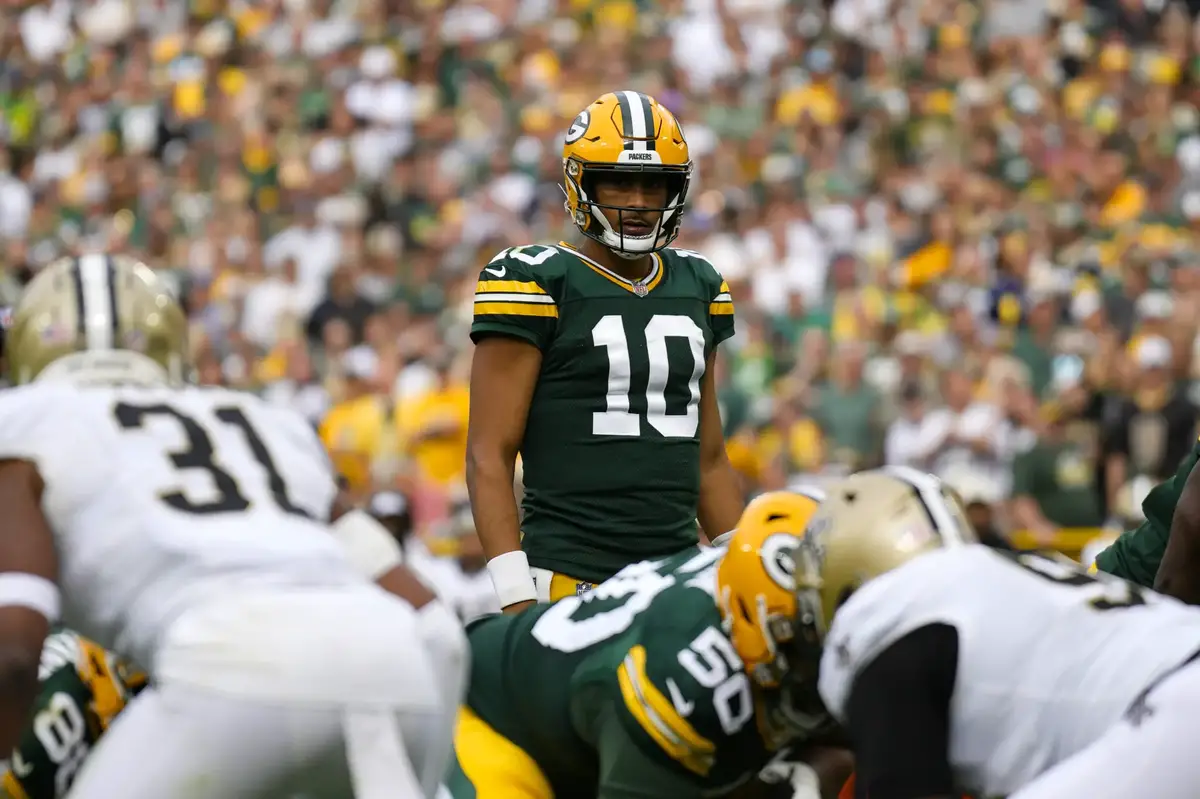 Sep 24, 2023; Green Bay, Wisconsin, USA; Green Bay Packers quarterback Jordan Love (10) during the game against the New Orleans Saints at Lambeau Field. Mandatory Credit: Jeff Hanisch-Imagn Images