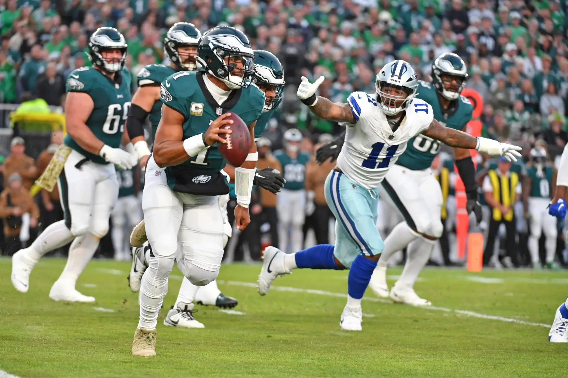 Jalen Hurts' Honest Reaction To Eagles Who Went To White House 1 Nov 5, 2023; Philadelphia, Pennsylvania, USA; Philadelphia Eagles quarterback Jalen Hurts (1) runs away from pressure by Dallas Cowboys linebacker Micah Parsons (11) during the first quarter at Lincoln Financial Field. Mandatory Credit: Eric Hartline-Imagn Images