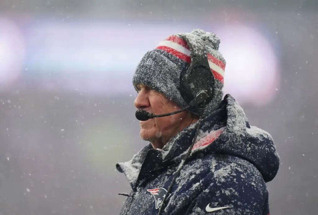 Jan 7, 2024; Foxborough, Massachusetts, USA; New England Patriots head coach Bill Belichick watches from the sideline as they take on the New York Jets at Gillette Stadium. Mandatory Credit: David Butler II-Imagn Images