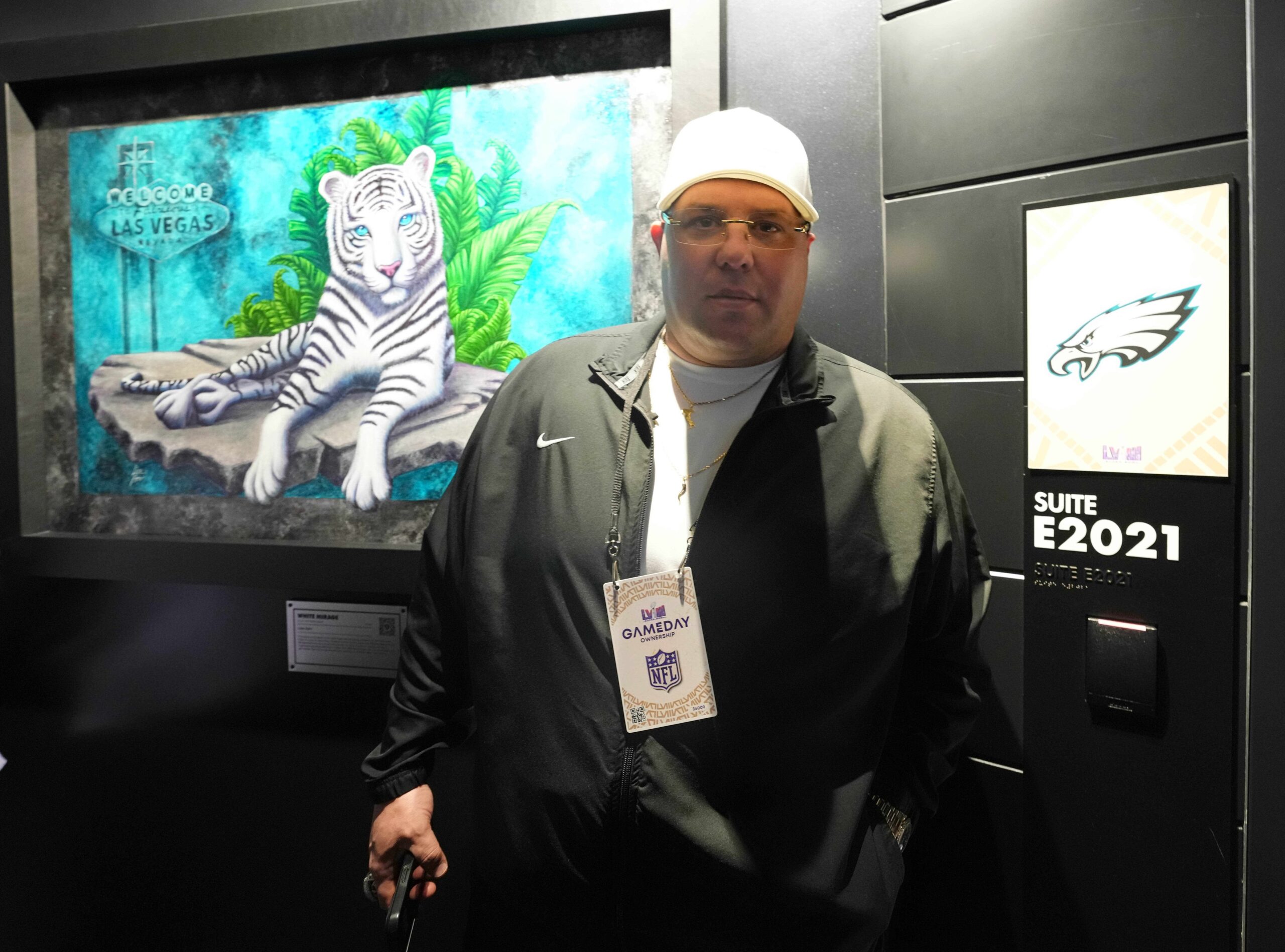 Feb 11, 2024; Paradise, Nevada, USA; Senior advisor to the general manager and chief security officer for the Philadelphia Eagles Dom DiSandro nicknamed Big Dom looks on during Super Bowl LVIII between the Kansas City Chiefs and San Francisco 49ers at Allegiant Stadium. Mandatory Credit: Joe Camporeale-Imagn Images