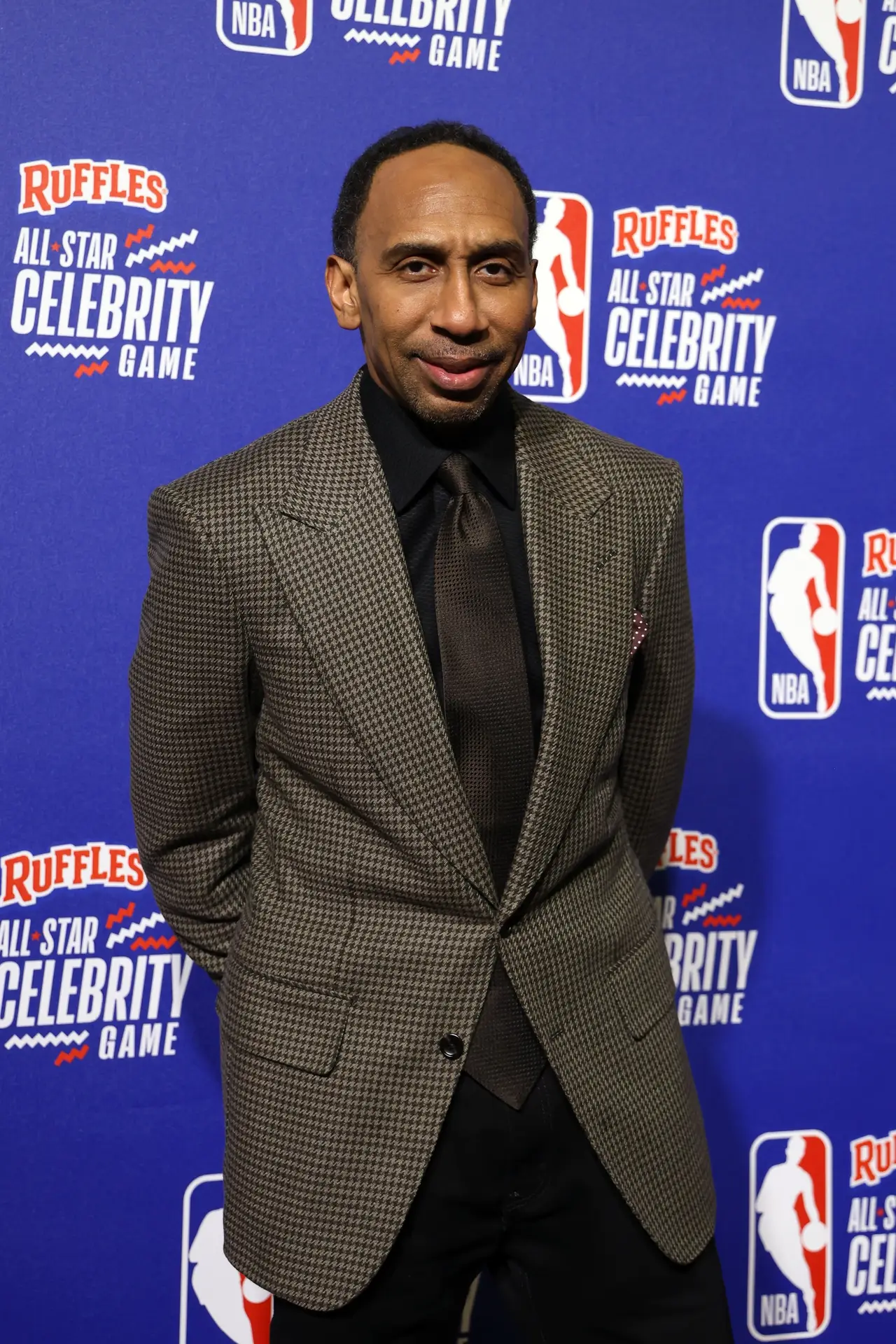 Feb 16, 2024; Indianapolis, IN, USA; Team Stephen A coach Stephen A. Smith on on the red carpet before the All Star Celebrity Game at Lucas Oil Stadium. Mandatory Credit: Trevor Ruszkowski-USA TODAY Sports