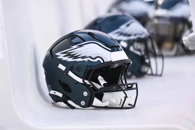 Aug 15, 2024; Foxborough, MA, USA; Philadelphia Eagles helmets sit on the bench during the first half against the New England Patriots at Gillette Stadium. Mandatory Credit: Eric Canha-Imagn Images