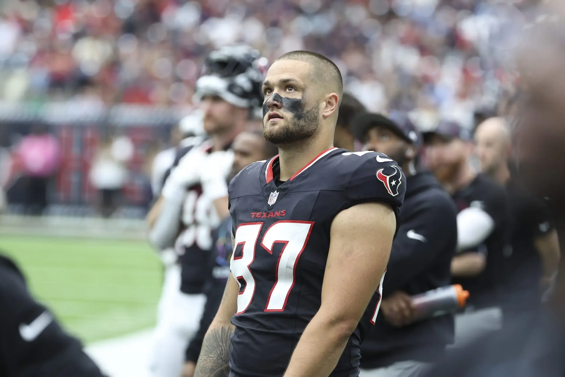 Sep 29, 2024; Houston, Texas, USA; Houston Texans tight end Cade Stover (87) during the game against the Jacksonville Jaguars at NRG Stadium. Mandatory Credit: Troy Taormina-Imagn Images