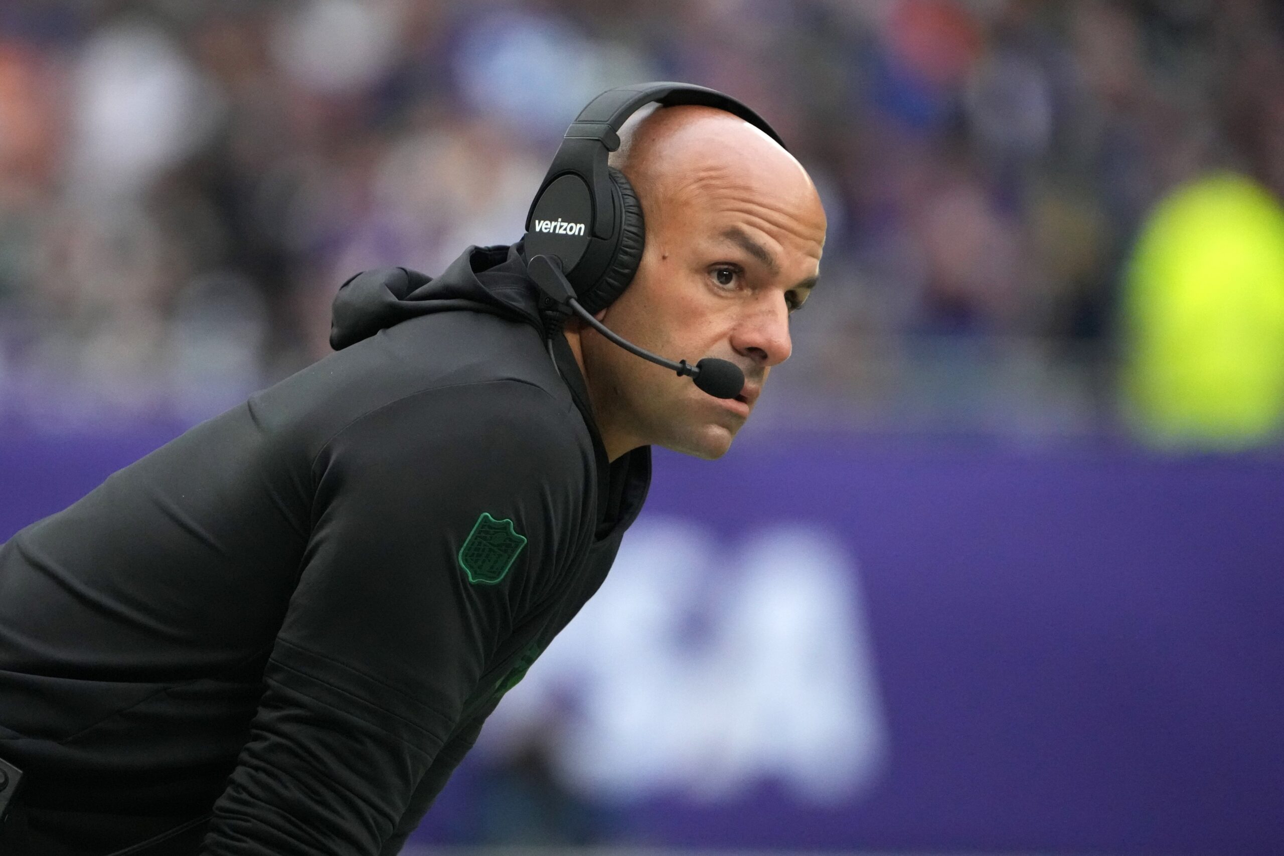 Oct 6, 2024; London, United Kingdom; New York Jets coach Robert Saleh reacts against the Minnesota Vikings in the first half at Tottenham Hotspur Stadium. Mandatory Credit: Kirby Lee-Imagn Images