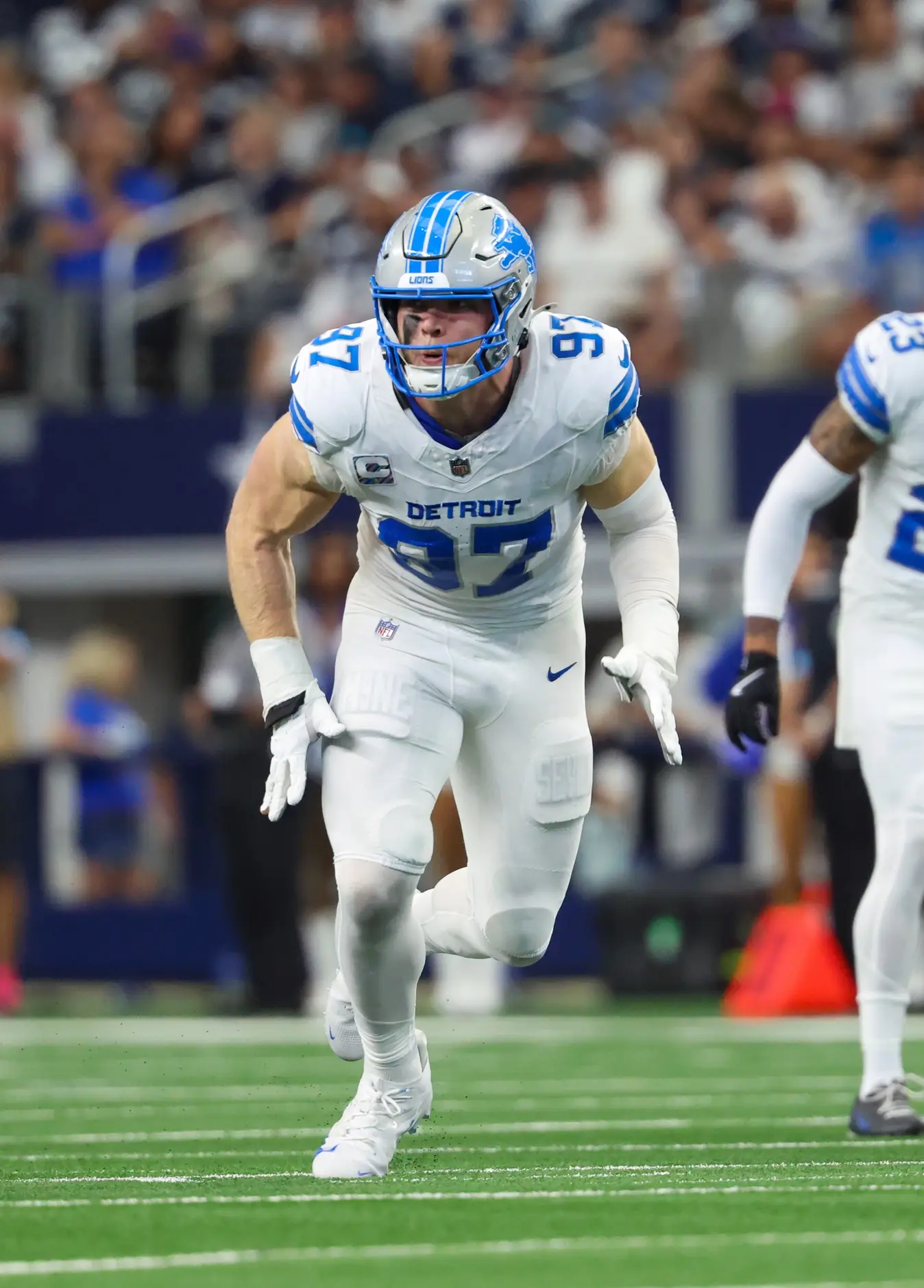 Oct 13, 2024; Arlington, Texas, USA; Detroit Lions defensive end Aidan Hutchinson (97) in action during the game against the Dallas Cowboys at AT&T Stadium. Mandatory Credit: Kevin Jairaj-Imagn Images