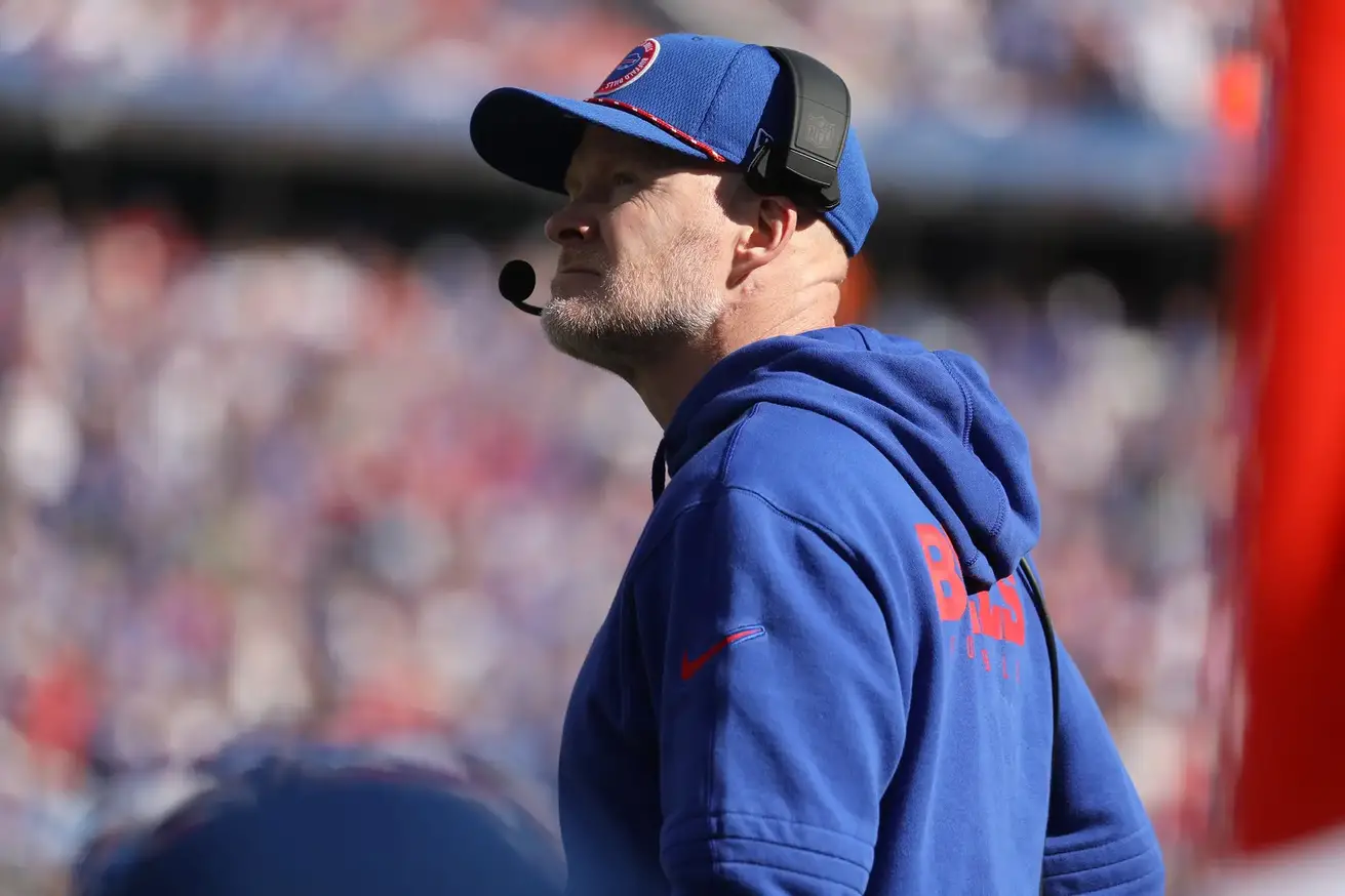 Bills head coach Sean McDermott looks at the replay on the screen during first half action at Highmark Stadium in Orchard Park on Oct. 20, 2024. © Tina MacIntyre-Yee/Democrat and Chronicle / USA TODAY NETWORK via Imagn Images