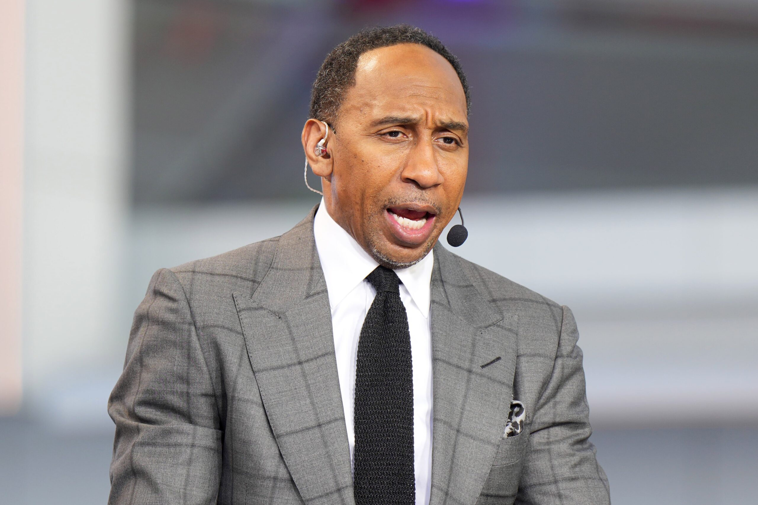 Oct 23, 2024; Inglewood, California, USA; Stephen A. Smith (Stephen Smith) on the ESPN NBA Countdown live set at Intuit Dome. Mandatory Credit: Kirby Lee-Imagn Images