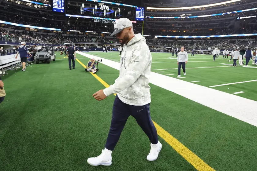 Nov 10, 2024; Arlington, Texas, USA; Dallas Cowboys quarterback Dak Prescott (4) walks off the field after the game against the Philadelphia Eagles at AT&T Stadium. Mandatory Credit: Tim Heitman-Imagn Images