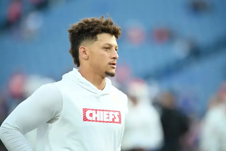 Nov 17, 2024; Orchard Park, New York, USA; Kansas City Chiefs quarterback Patrick Mahomes (15) warms up before a game against the Buffalo Bills at Highmark Stadium. Mandatory Credit: Mark Konezny-Imagn Images