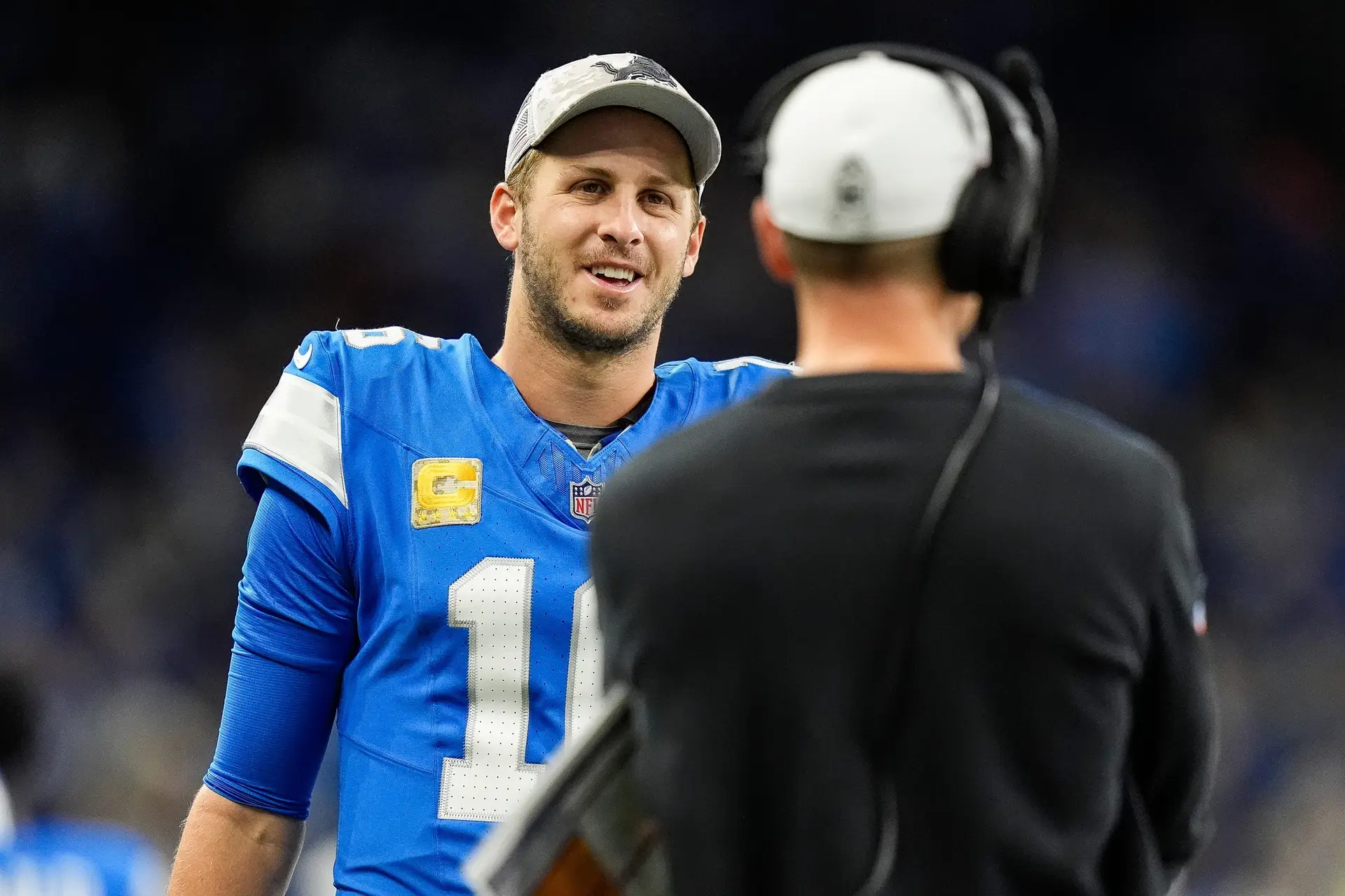 Detroit Lions quarterback Jared Goff (16) and offensive coordinator Ben Johnson