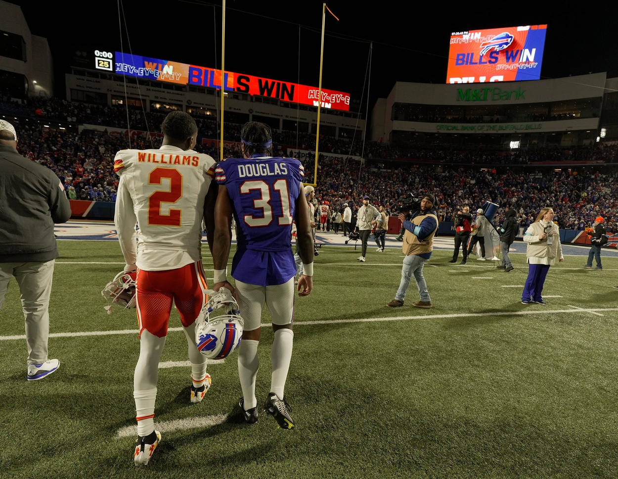 Kansas City's Joshua Williams and Bills Rasul Douglas chat as they walk off the field after the game ended with Bills beating Kansas City 30-21 in Orchard Park, Nov.17, 2024. © Tina MacIntyre-Yee/Democrat and Chronicle / USA TODAY NETWORK via Imagn Images