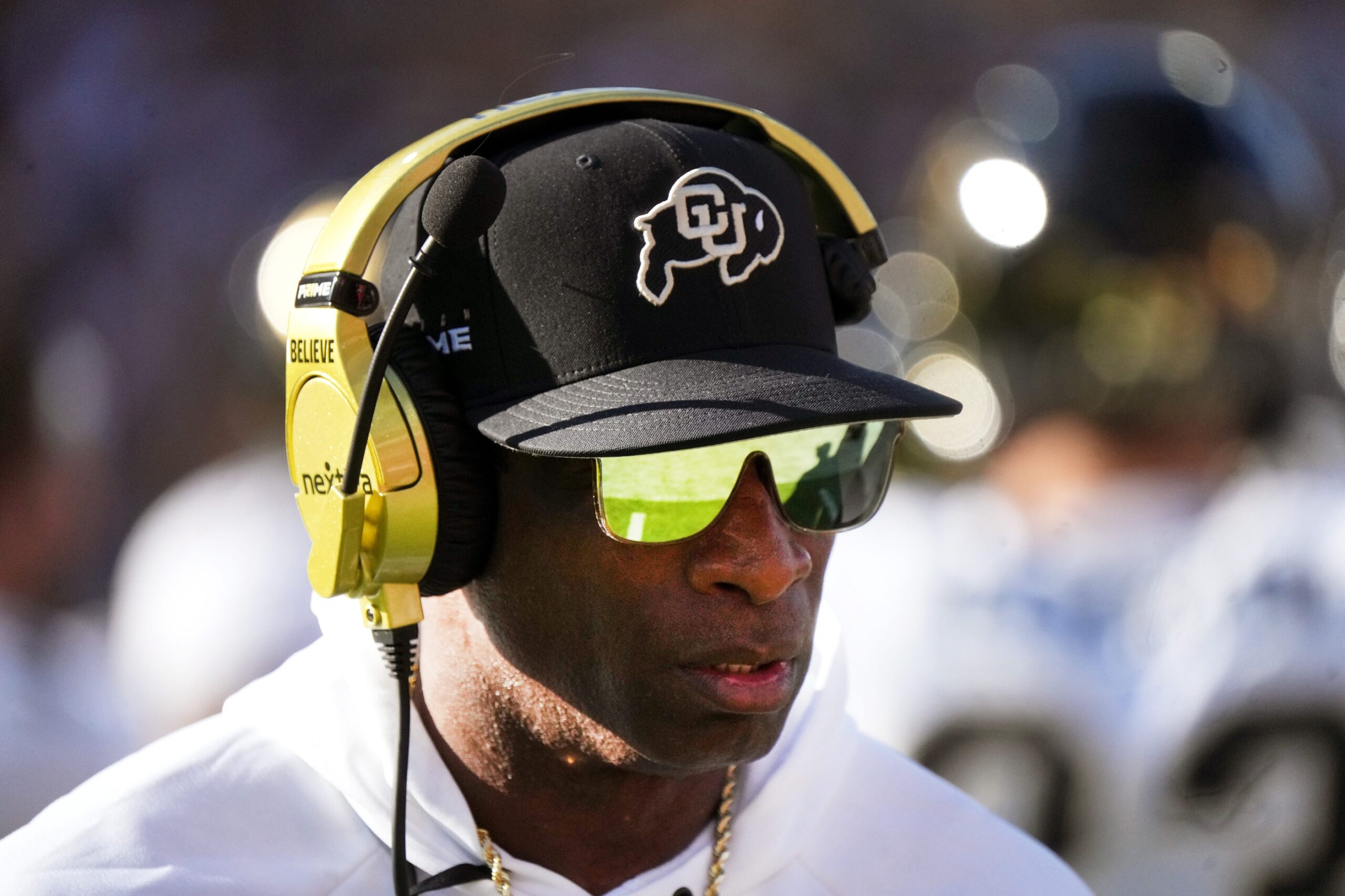 Colorado Buffaloes head coach Deion Sanders walks the sidelines as his team takes on the ASU Sun Devils at Mountain America Stadium in Tempe on Oct. 7, 2023. © Joe Rondone/The Republic / USA TODAY NETWORK via Imagn Images