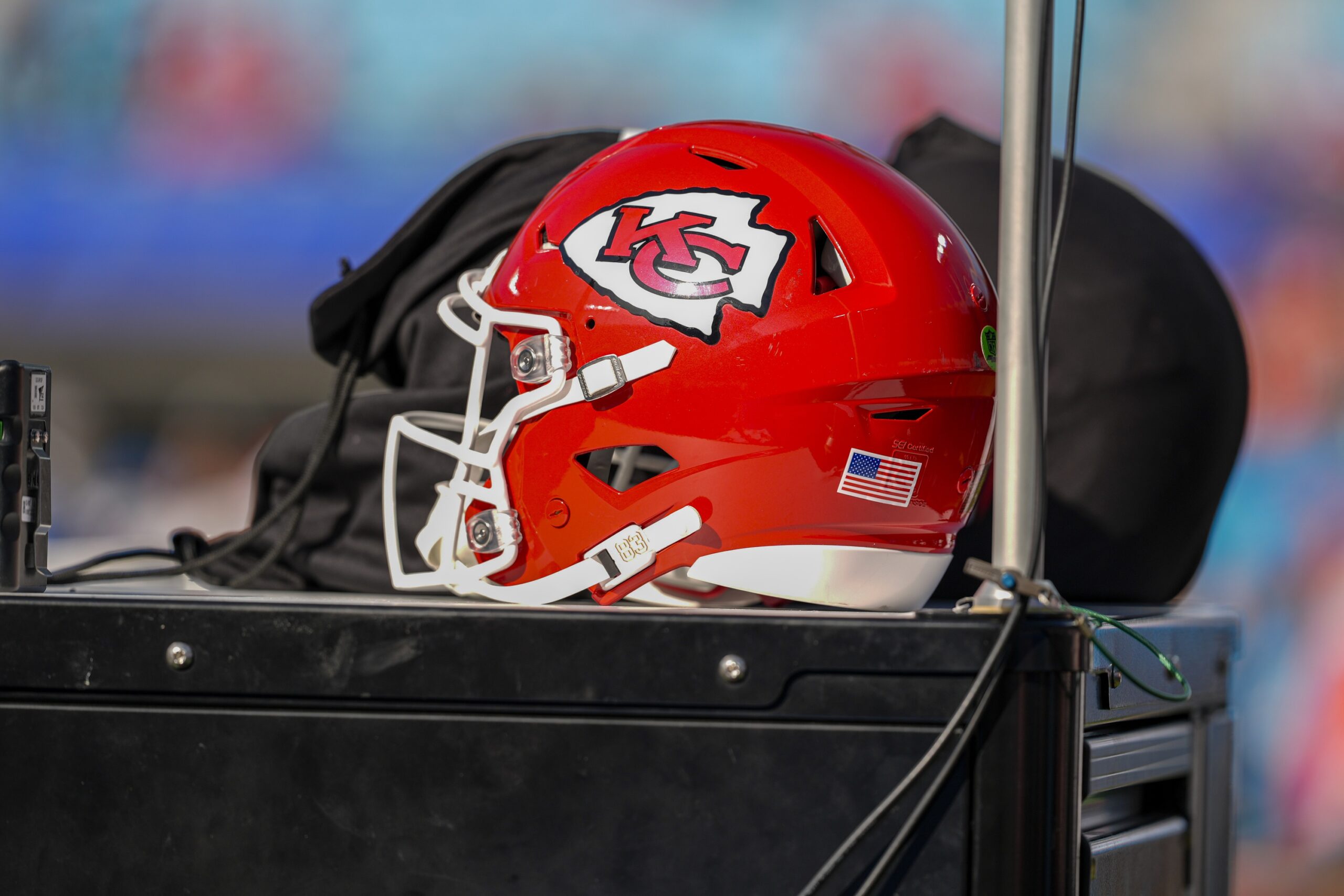 Nov 24, 2024; Charlotte, North Carolina, USA; Kansas City Chiefs helmet during pregame warmups against the Carolina Panthers at Bank of America Stadium. Mandatory Credit: Jim Dedmon-Imagn Images