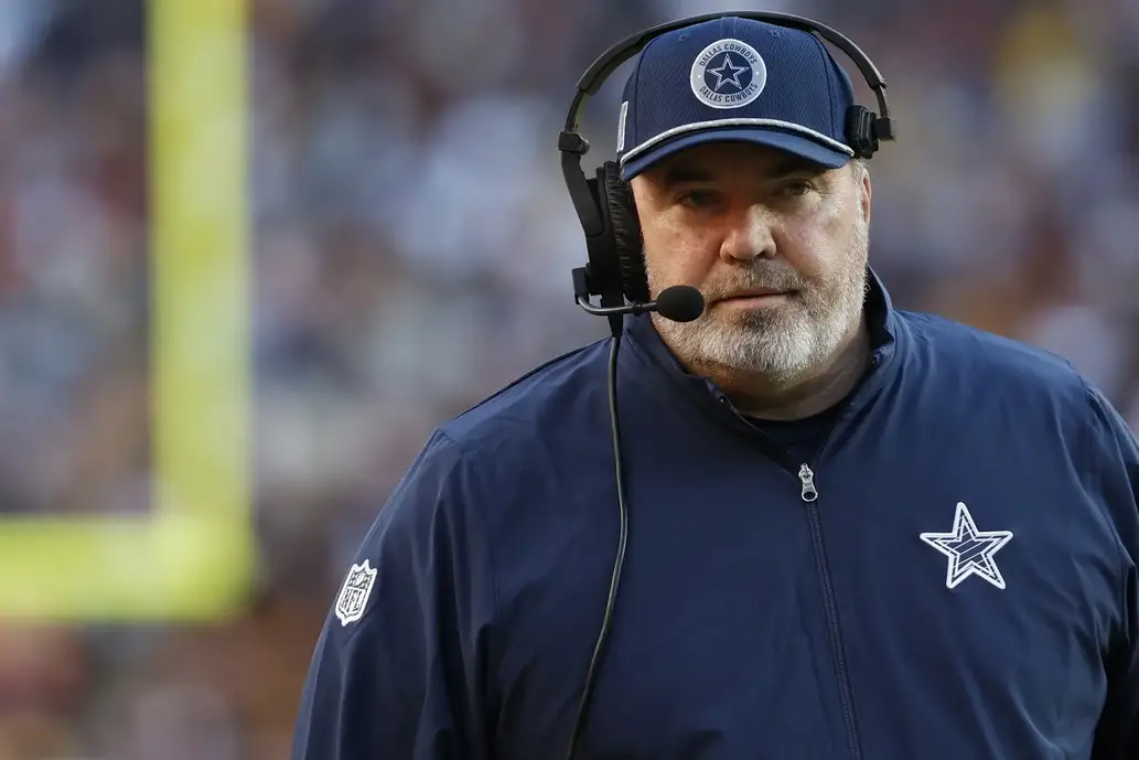 Nov 24, 2024; Landover, Maryland, USA; Dallas Cowboys head coach Mike McCarthy stands on the sidelines against the Washington Commanders during the third quarter at Northwest Stadium. Mandatory Credit: Geoff Burke-Imagn Images