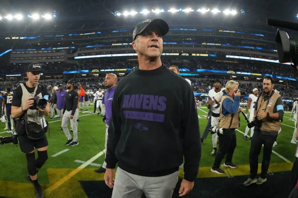 Nov 25, 2024; Inglewood, California, USA; Baltimore Ravens coach John Harbaugh reacts after the game against the Los Angeles Chargers at SoFi Stadium. Mandatory Credit: Kirby Lee-Imagn Images