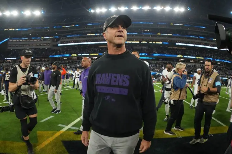 Nov 25, 2024; Inglewood, California, USA; Baltimore Ravens coach John Harbaugh reacts after the game against the Los Angeles Chargers at SoFi Stadium. Mandatory Credit: Kirby Lee-Imagn Images