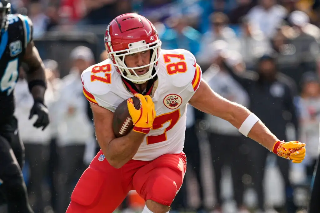 Nov 24, 2024; Charlotte, North Carolina, USA; Kansas City Chiefs tight end Travis Kelce (87) makes a cut during the first quarter against the Carolina Panthers at Bank of America Stadium. Mandatory Credit: Jim Dedmon-Imagn Images