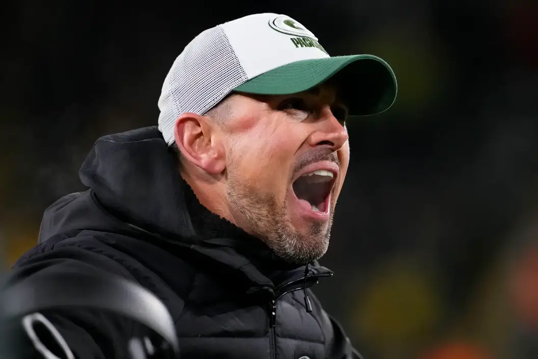 Nov 28, 2024; Green Bay, Wisconsin, USA; Green Bay Packers head coach Matt LaFleur reacts to a call during the fourth quarter against the Miami Dolphins at Lambeau Field. Mandatory Credit: Jeff Hanisch-Imagn Images