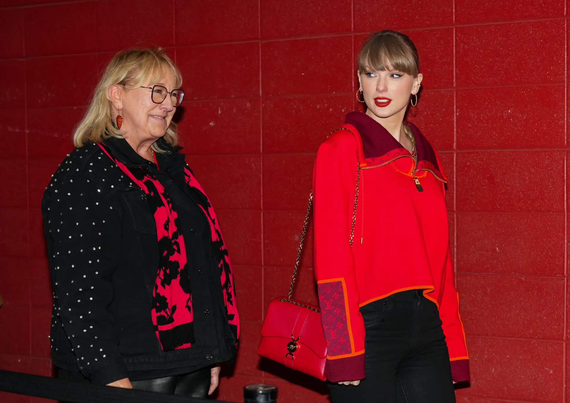 Nov 29, 2024; Kansas City, Missouri, USA; Recording artist Taylor Swift and Donna Kelce arrive prior to a game between the Kansas City Chiefs and the Las Vegas Raiders at GEHA Field at Arrowhead Stadium. Mandatory Credit: Jay Biggerstaff-Imagn Images