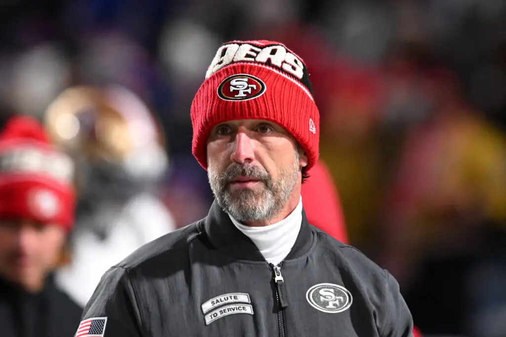 Dec 1, 2024; Orchard Park, New York, USA; San Francisco 49ers head coach Kyle Shanahan on the field before a game against the Buffalo Bills at Highmark Stadium. Mandatory Credit: Mark Konezny-Imagn Images